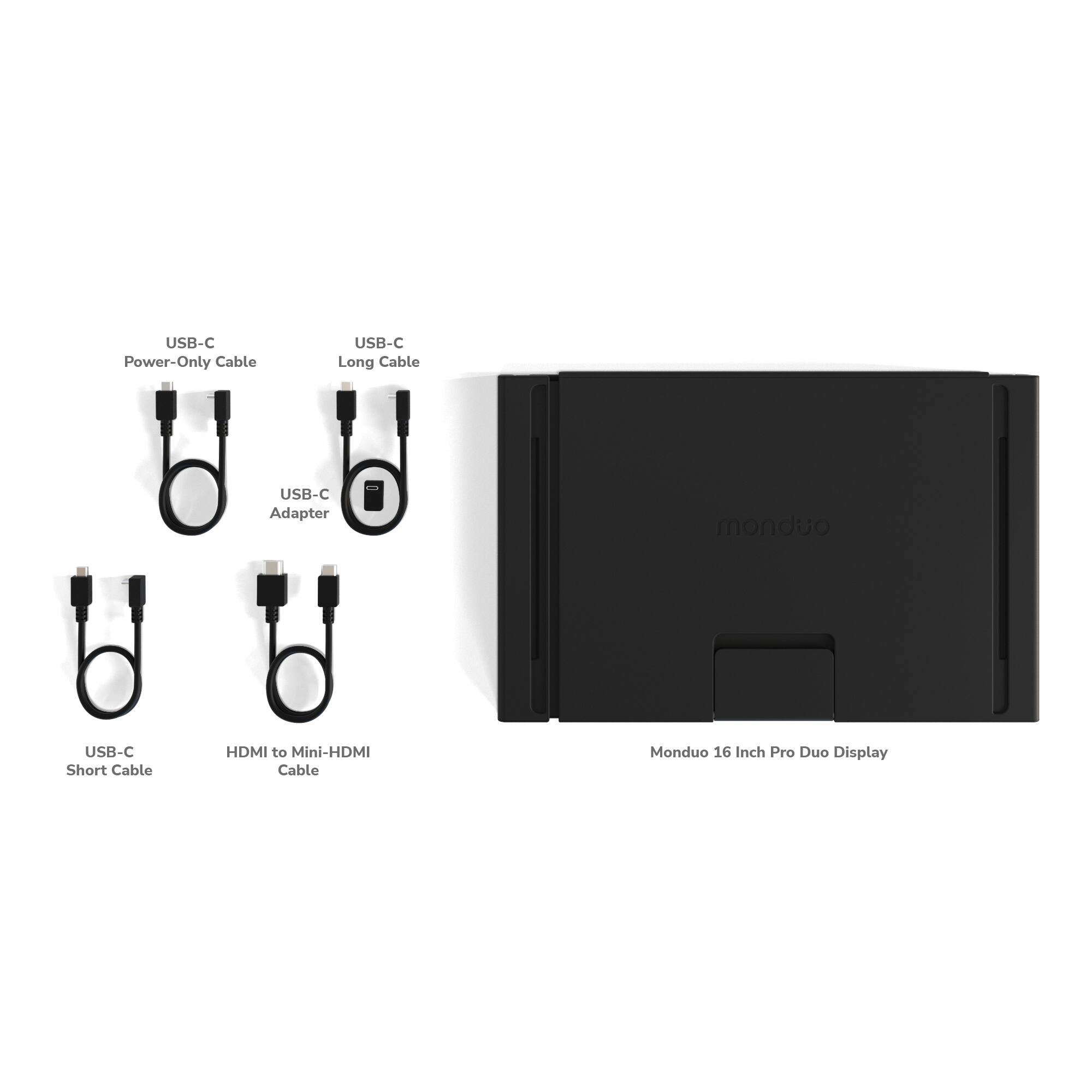 The image features a black box with a USB-C Adapter and a USB-C Power-Only Cable. There are also several cables and adapters, including a USB-C Long Cable, a USB-C Short Cable, and an HDMI to Mini-HDMI Cable. The box is labeled with the brand name "Monduo" and is accompanied by a 16-inch Pro Due Display.
