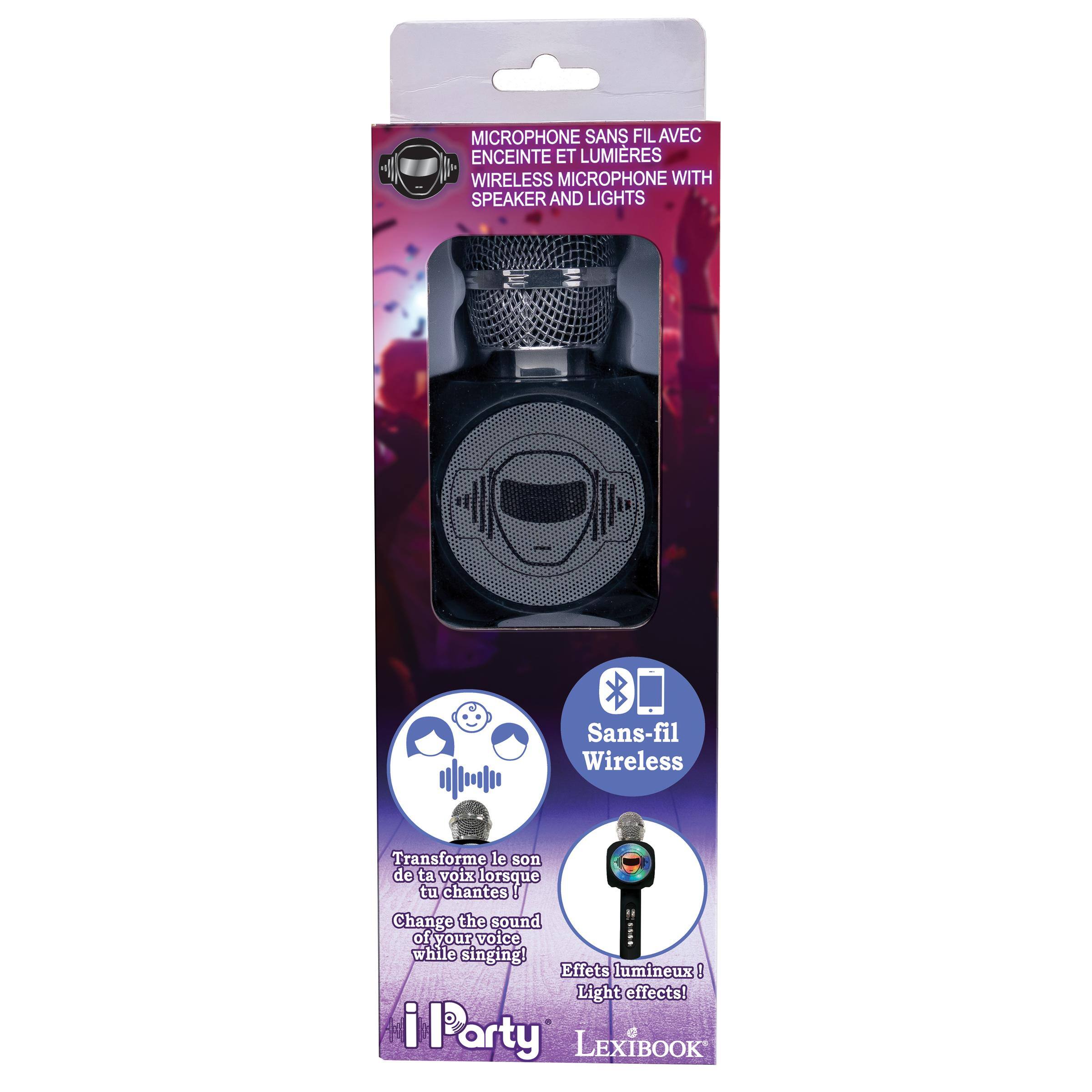 MICROPHONE SANS FIL AVEC ENCEINTE ET LUMIÈRES  
WIRELESS MICROPHONE WITH SPEAKER AND LIGHTS  

Sans-fil Wireless  
Transforme le son de ta voix lorsque tu chantes!  
Change the sound of your voice while singing!  
Effets lumineux!  
Light effects!  

i Party LEXIBOOK
