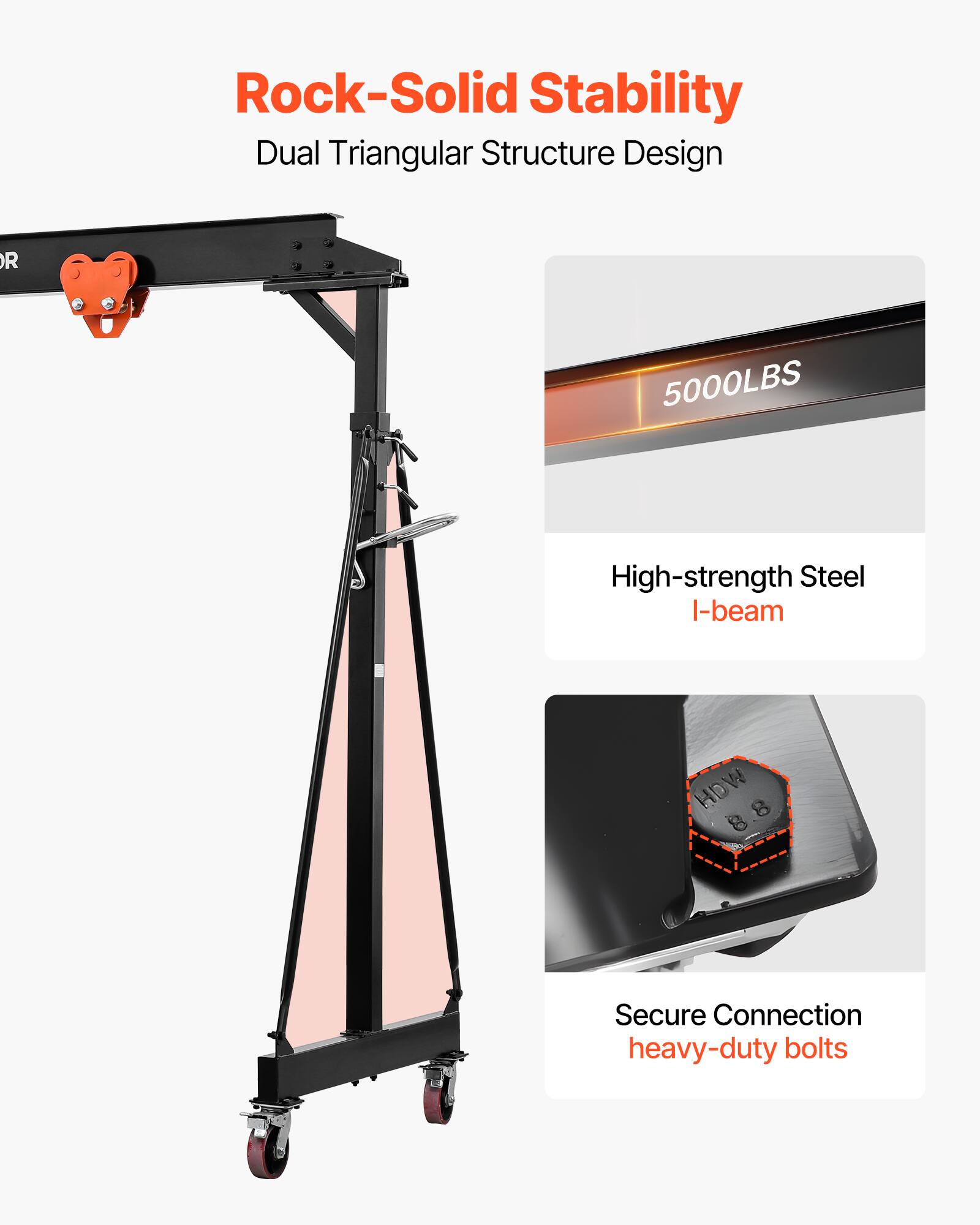 Rock-Solid Stability  
Dual Triangular Structure Design  
5000LBS  
High-strength Steel I-beam  
HOW 8 8  
Secure Connection heavy-duty bolts