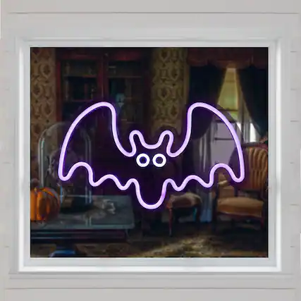 Front. Northlight - LED Neon Lighted Halloween Bat Wall or Window Decoration - 15" - Purple - Purple.