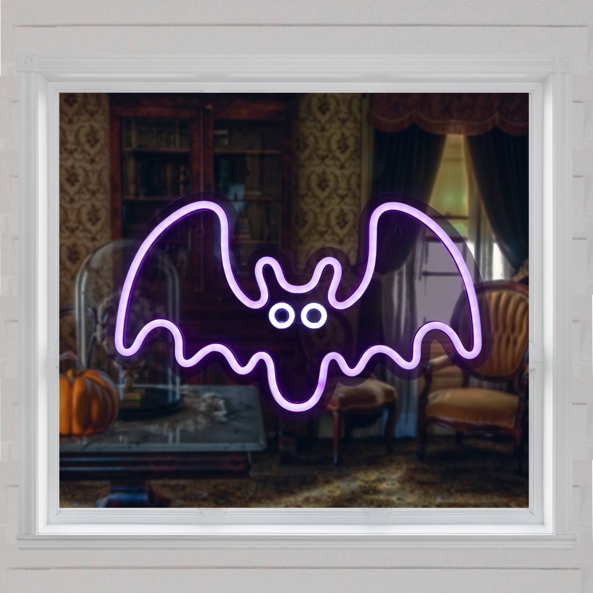 Front. Northlight - LED Neon Lighted Halloween Bat Wall or Window Decoration - 15" - Purple - Purple.