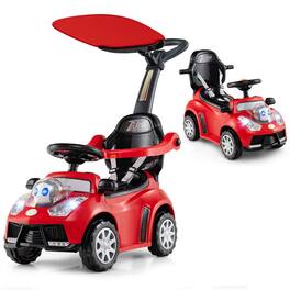Costway - 3-in-1 Sliding Walker w/ Adjustable Canopy Horn Music & Light for Boys & Girls - Red