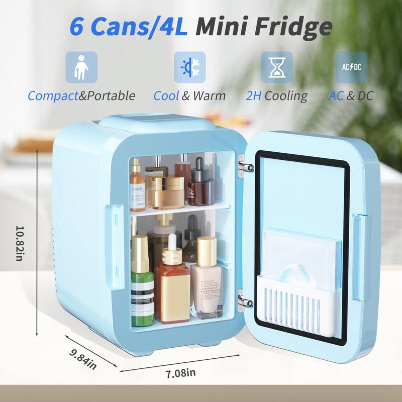 6 Cans/4L Mini Fridge

- Compact & Portable
- Cool & Warm
- 2H Cooling
- AC & DC

Dimensions:
- Height: 10.82in
- Width: 9.84in
- Depth: 7.08in