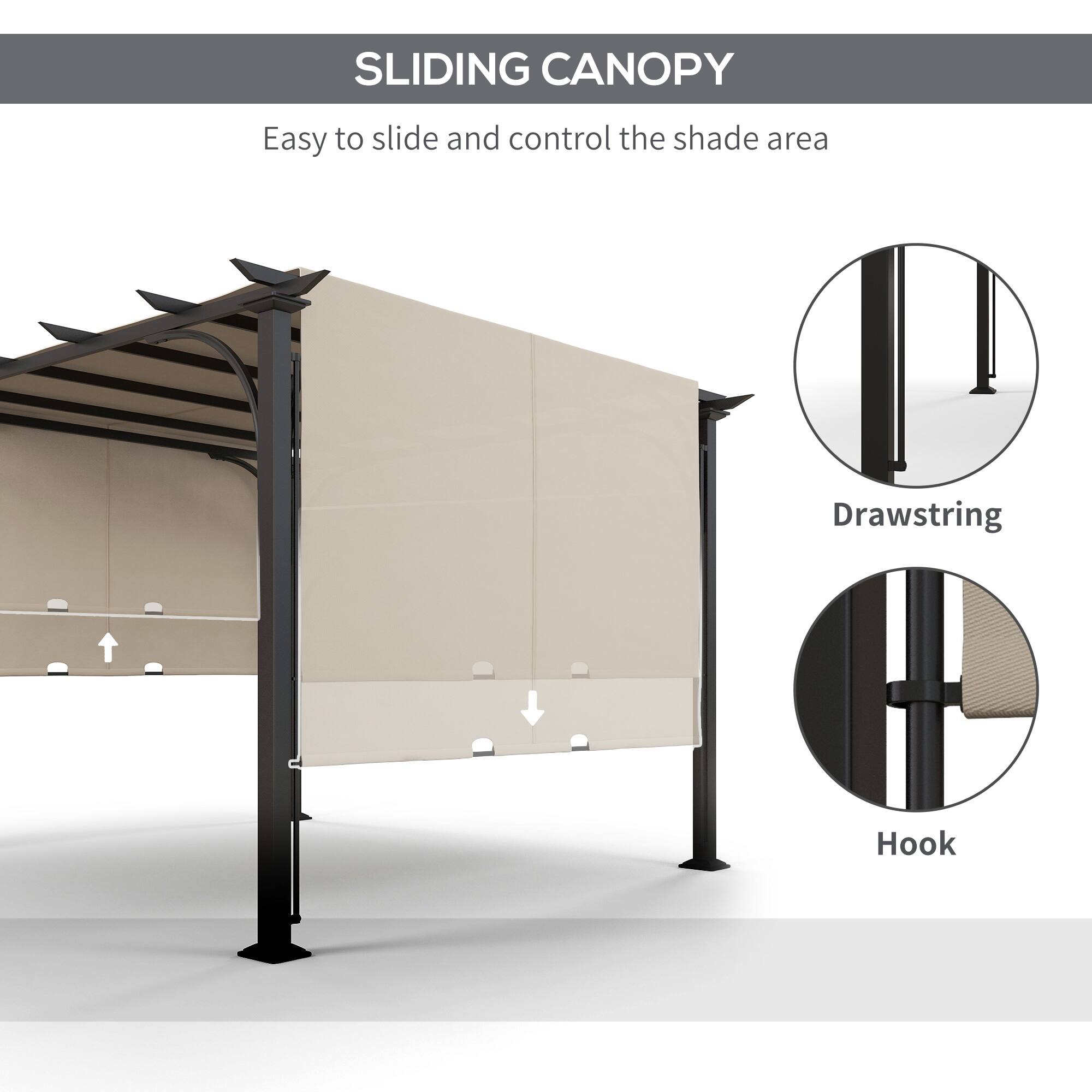 SLIDING CANOPY
Easy to slide and control the shade area
Drawstring
Hook
