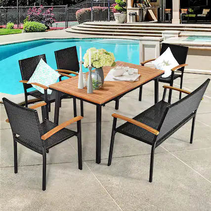 Front. Gymax - Gymax 6PCS Rattan Outdoor Dining Set Patio Furniture Set w/ Wooden Tabletop - Black.