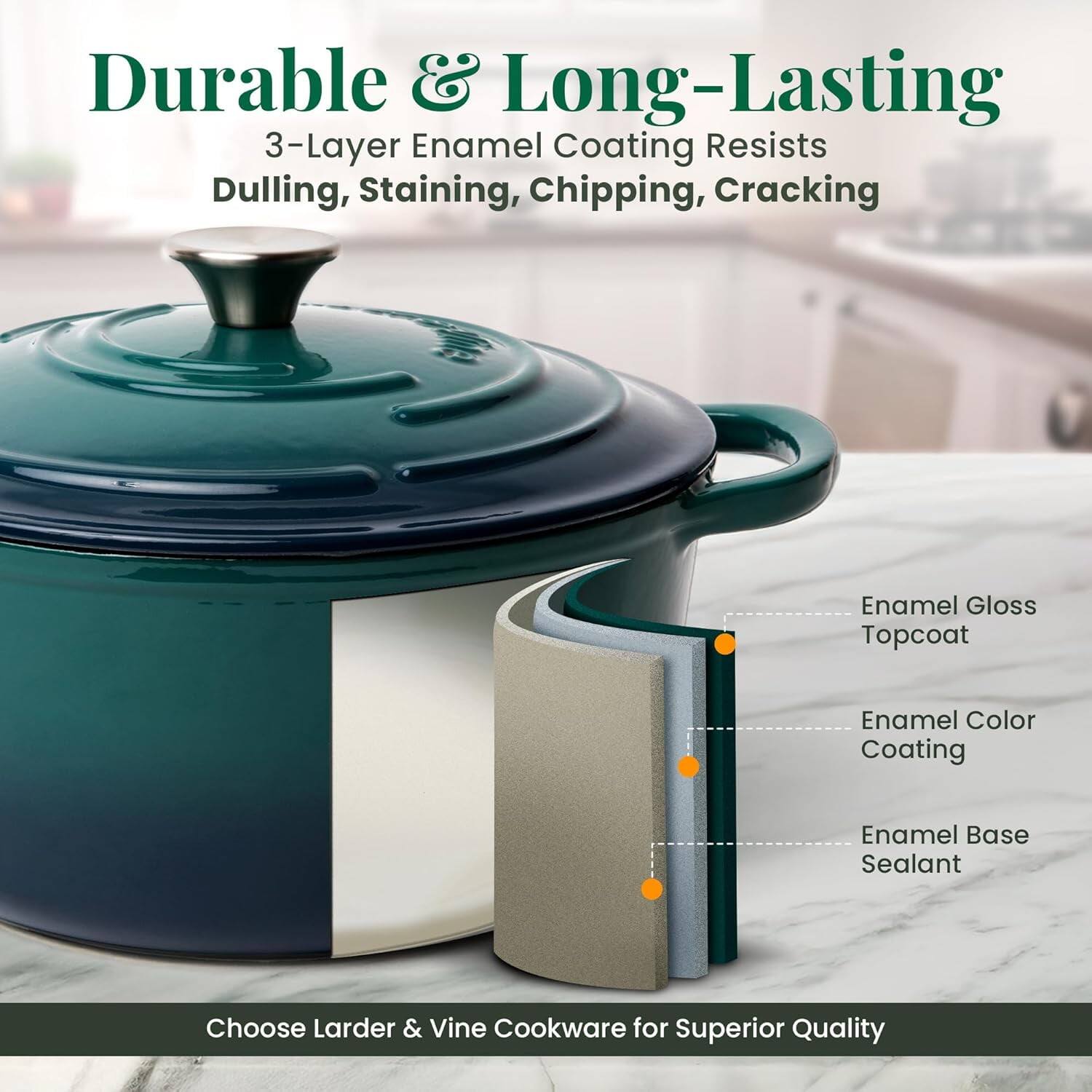 Durable & Long-Lasting  
3-Layer Enamel Coating Resists Dulling, Staining, Chipping, Cracking  
Enamel Gloss Topcoat  
Enamel Color Coating  
Enamel Base Sealant  

Choose Larder & Vine Cookware for Superior Quality