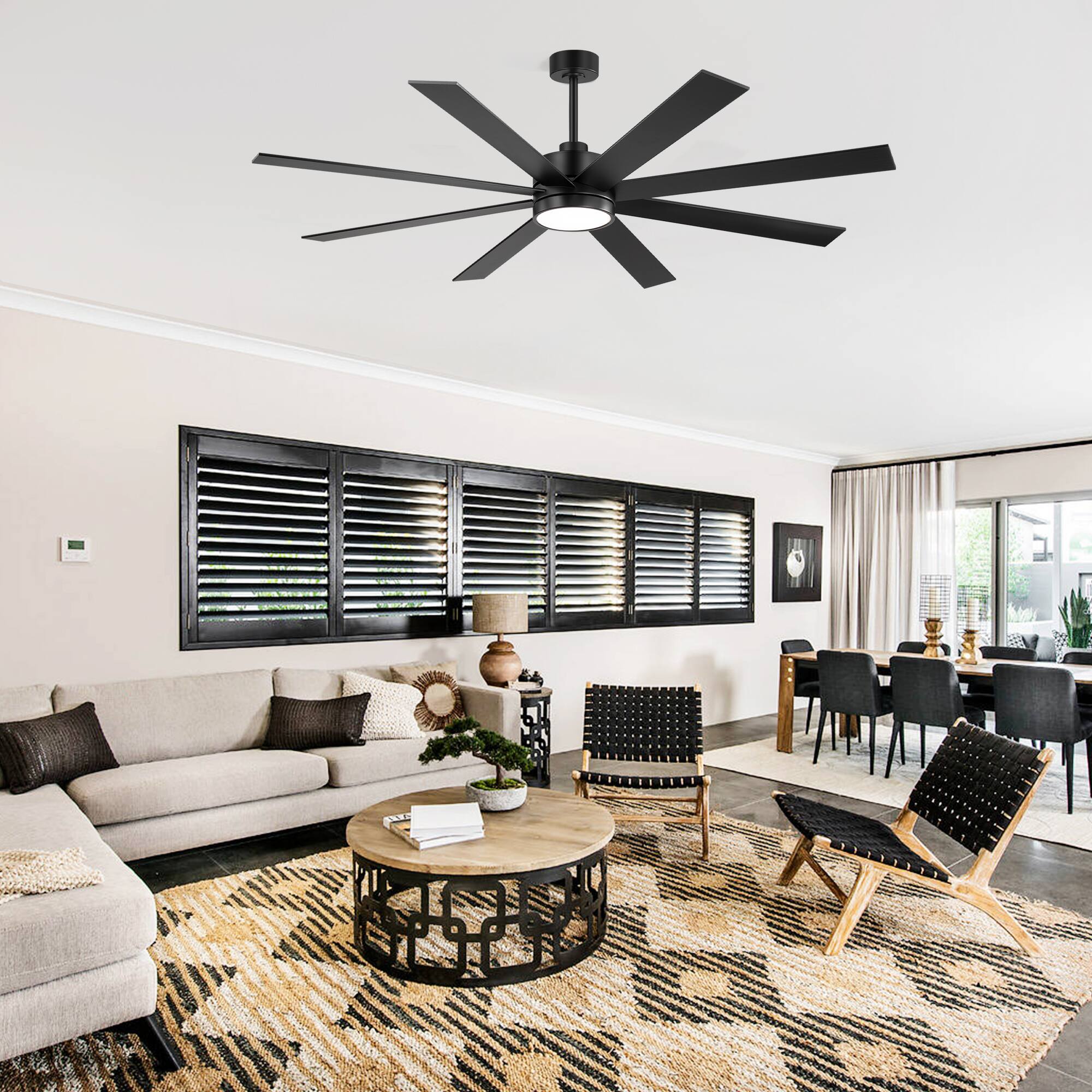Alt View 2. Breezary - 72-Inch Ceiling Fan with 8-Blade Design, 3-Color Light, 6-Speed DC Motor, 6"/20" Downrods, Remote with Timer - Matte Black.