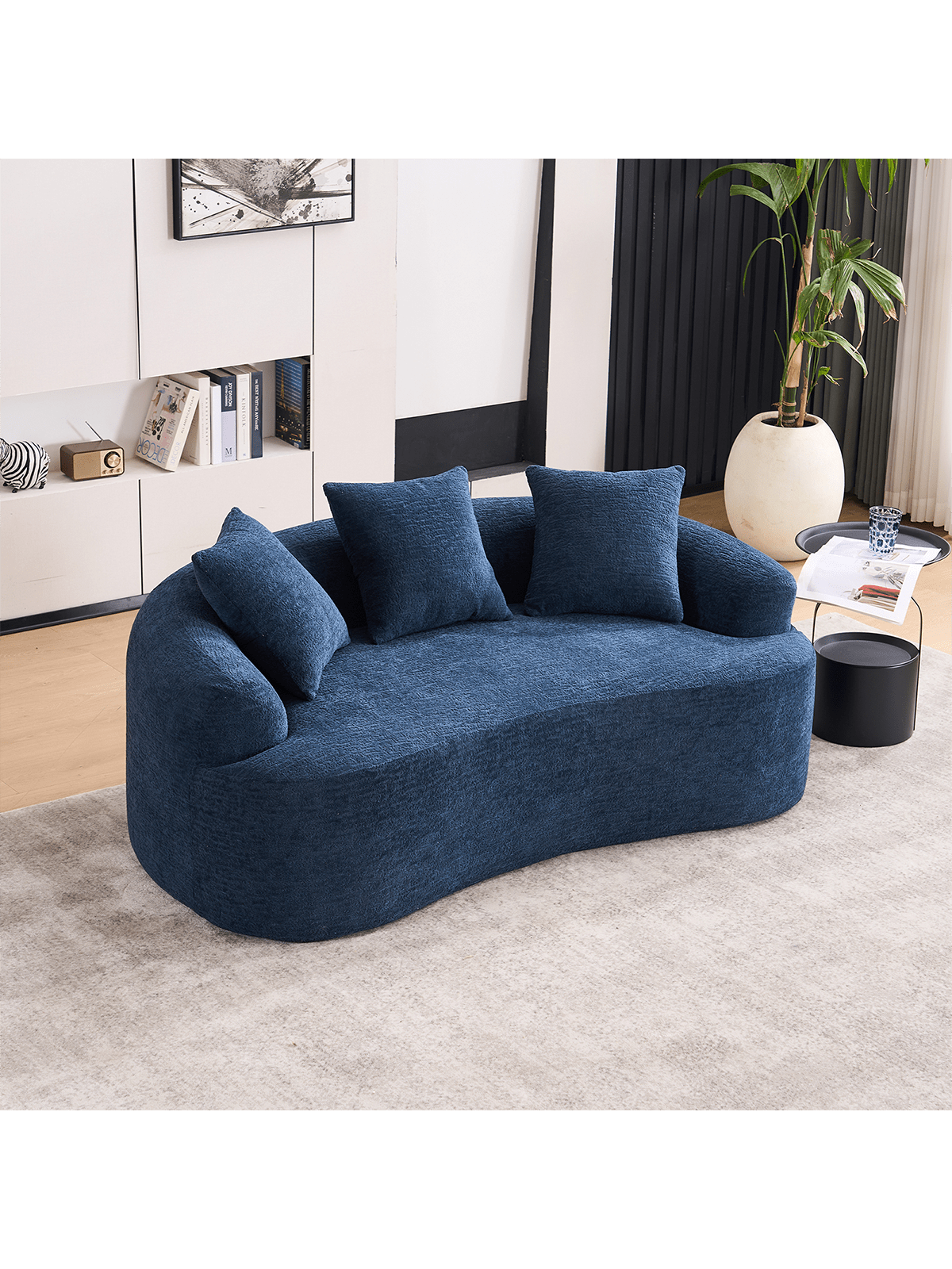 Alt View 5. Trinkets Crazed - 65" Curved Small Loveseat Sofa,Cozy Chenille Upholstered Couch With 3 Pillows,Modern Deep Seat Cloud Couch - Navy.
