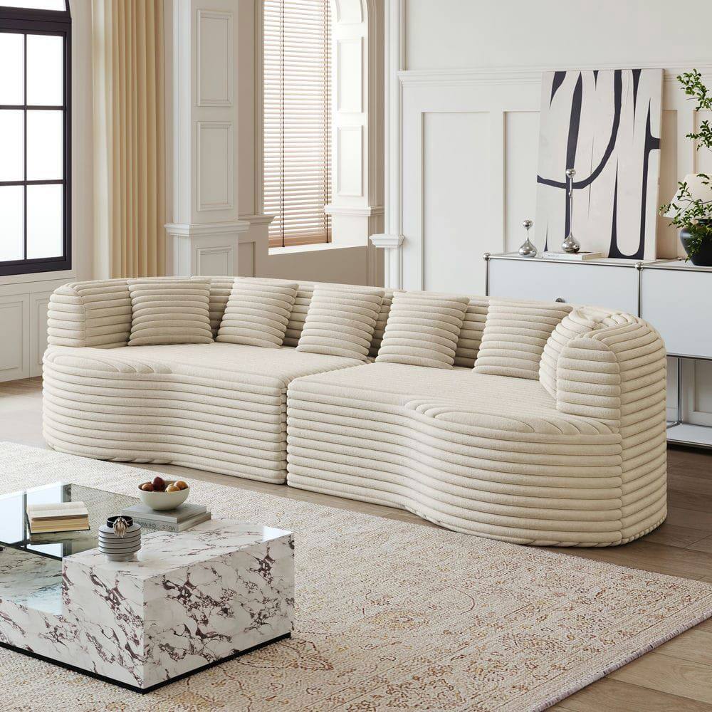 Alt View 1. Kadyn - 106.3" Curved Sectional Sofa, 4-Seater Corduroy Cloud Couch with 6 Pillows and Memory Foam - Beige.