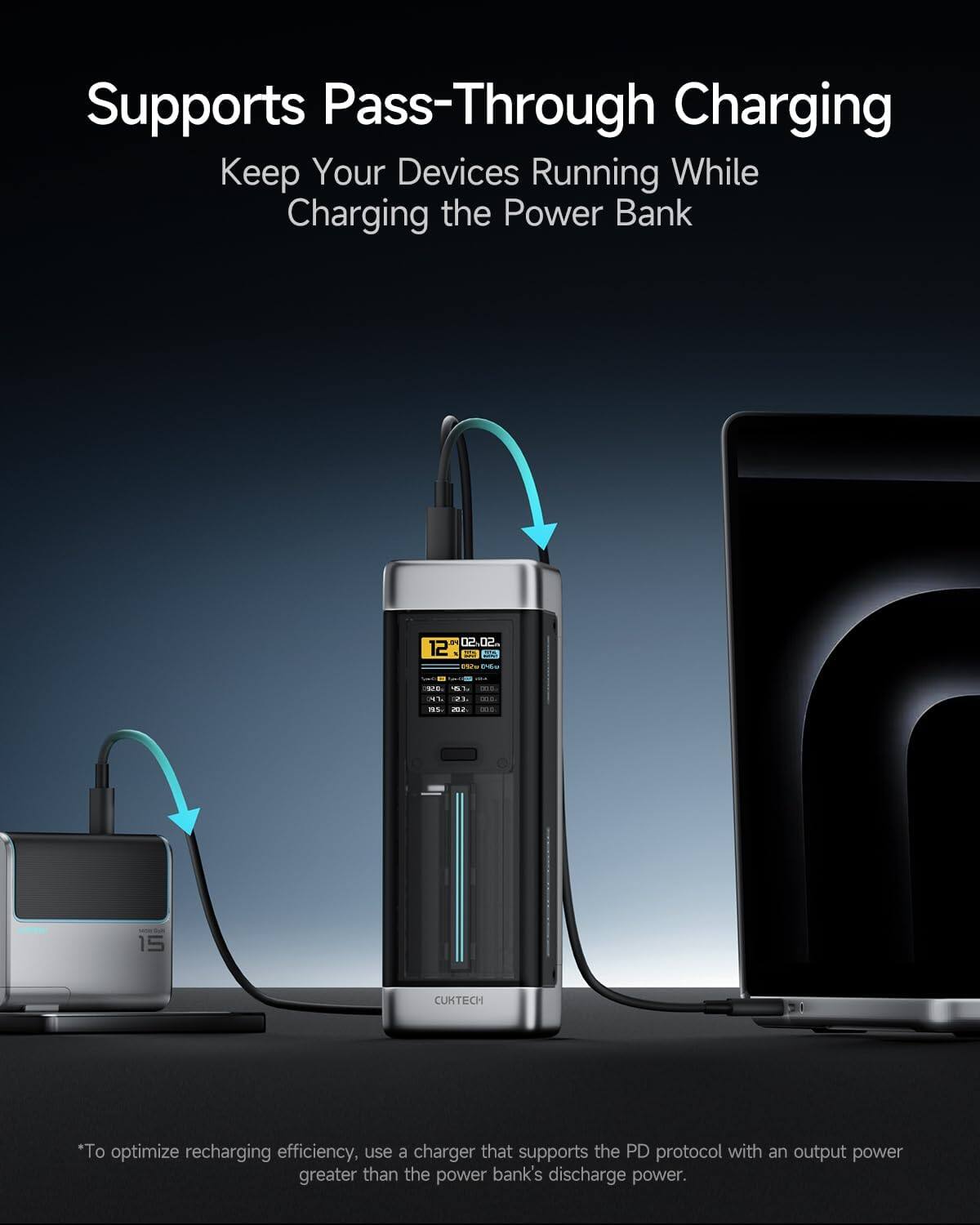 Supports Pass-Through Charging  
Keep Your Devices Running While Charging the Power Bank  

*To optimize recharging efficiency, use a charger that supports the PD protocol with an output power greater than the power bank's discharge power.
