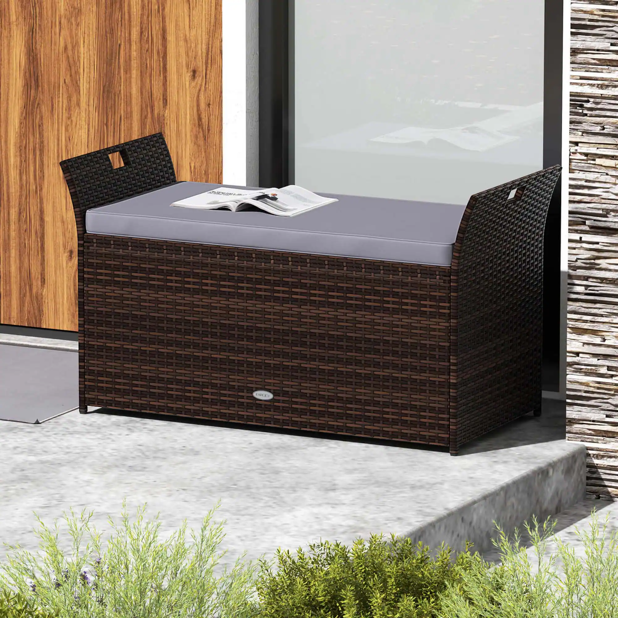 Alt View 1. Costway - Costway Outdoor Bench with Hand-woven PE Rattan Wicker Cushion & Side Handles Storage - Gray.