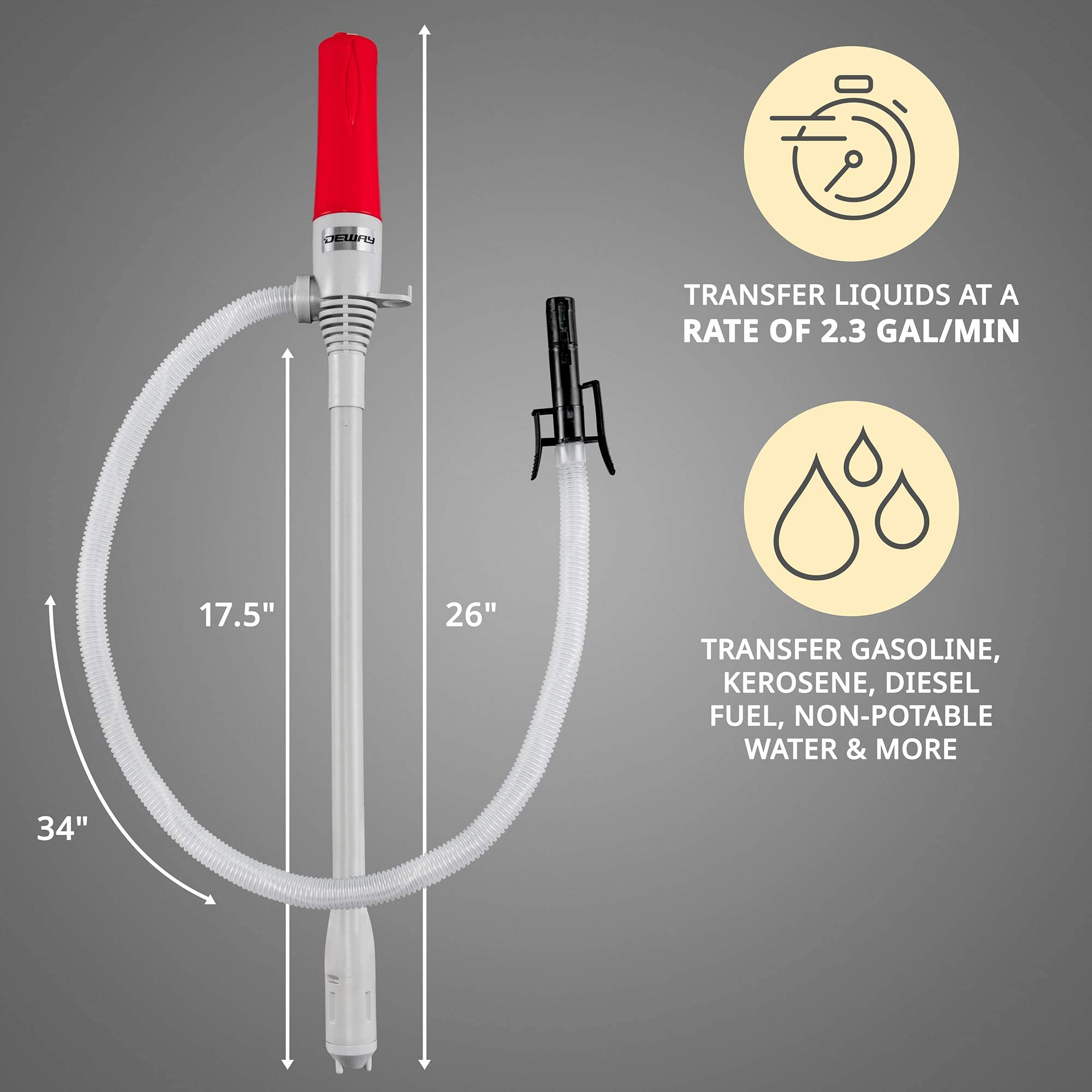 - Transfer liquids at a rate of 2.3 gal/min
- 17.5" 26" 34"
- Transfer gasoline, kerosene, diesel fuel, non-potable water & more