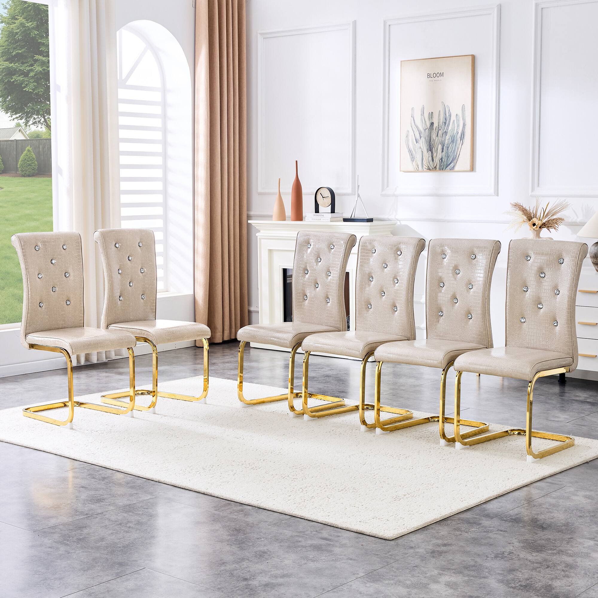 Alt View 1. Loheer - Retro Faux Leather Dining Chairs Set of 2 Crystal Tufted - Gold Bow Legs - Beige.