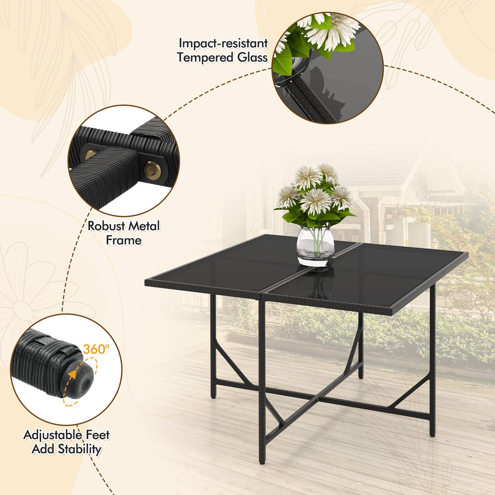 - Impact-resistant Tempered Glass
- Robust Metal Frame
- 360° Adjustable Feet Add Stability