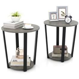 Costway - 2 PCS 2-tier Round Side Table, Home Accent Table with Storage Shelf, Metal Frame - Gray Oak
