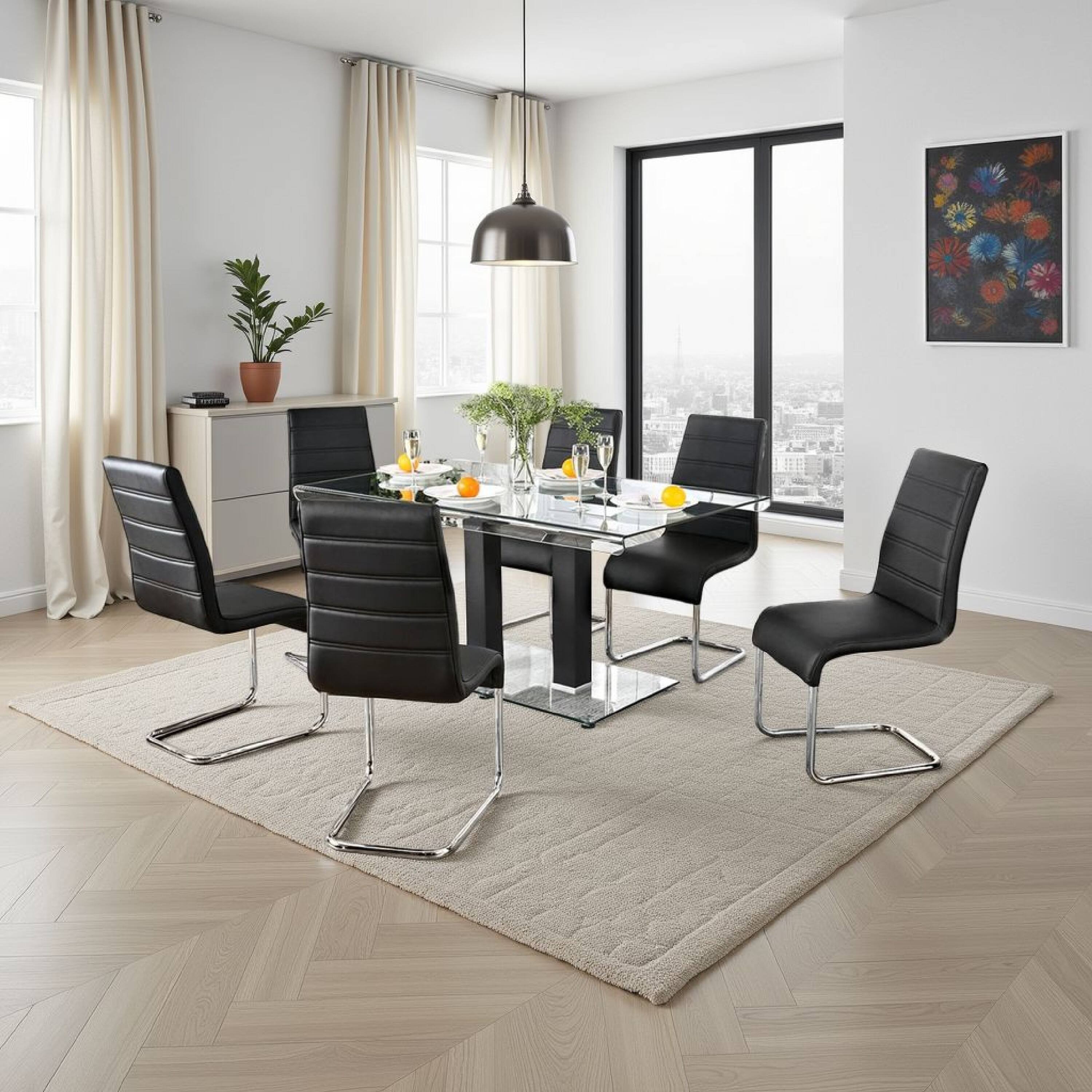 Alt View 5. Manhattan Lane - Fely 7pc Dining Table and Chair Set, Glass Top, Black Faux Leather - Black, Chrome.