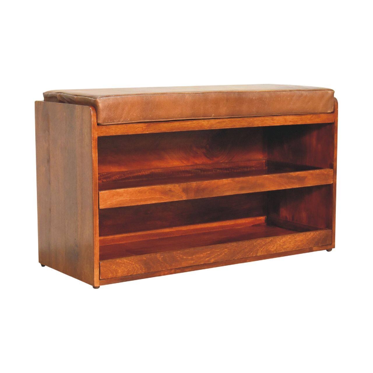 Left. Artisan Furniture - Artisan Furniture Solid Wood Buffalo Hide Pull out Chestnut Shoe Storage Bench, Upholstered, Dark Brown - Dark Brown.