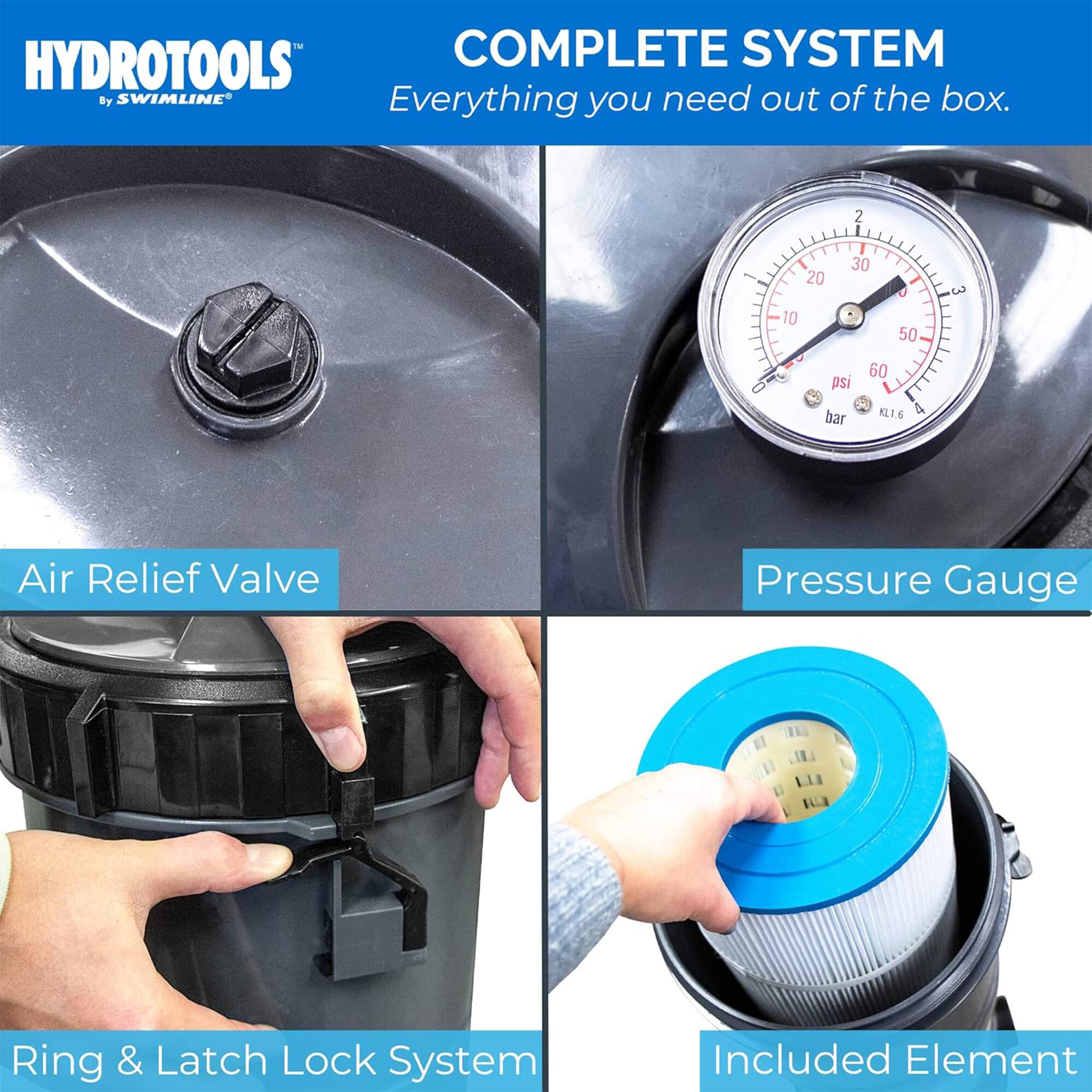 - COMPLETE SYSTEM  
  Everything you need out of the box.

- HYDROTOOLS™ by SWIMLINE®

- Air Relief Valve

- Pressure Gauge

- Ring & Latch Lock System

- Included Element