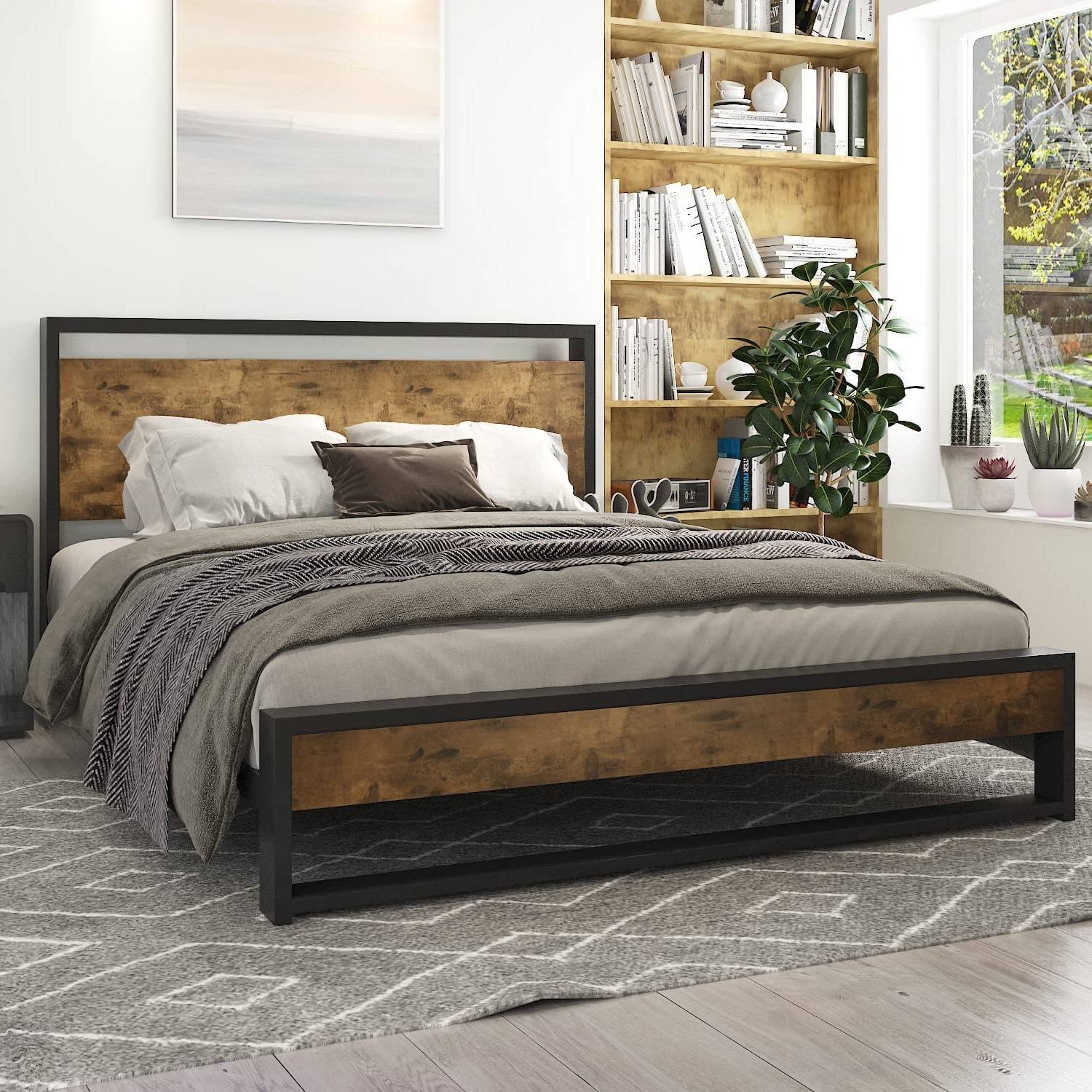 Left. Hivvago - Hivvago Queen Modern Farmhouse Platform Bed Frame with Wood Panel Headboard Footboard - Black.