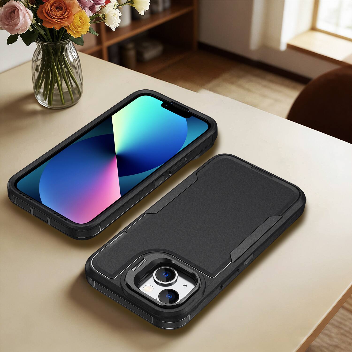 Alt View 5. Dteck - For Apple iPhone 17e/16e/14/13 Rugged Case, Heavy Duty Dual Layer Shockproof Lens Kickstand Drop Protection Cover - Black.