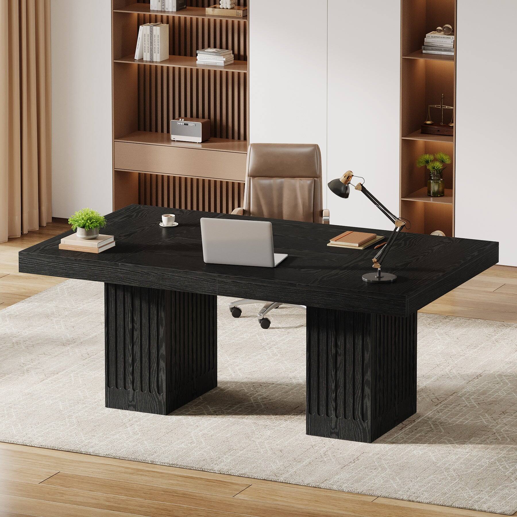 Angle. Tribesigns - Office Executive Desk with Pedestal Base, for Computer Work and Writing in Home Offices - Black.