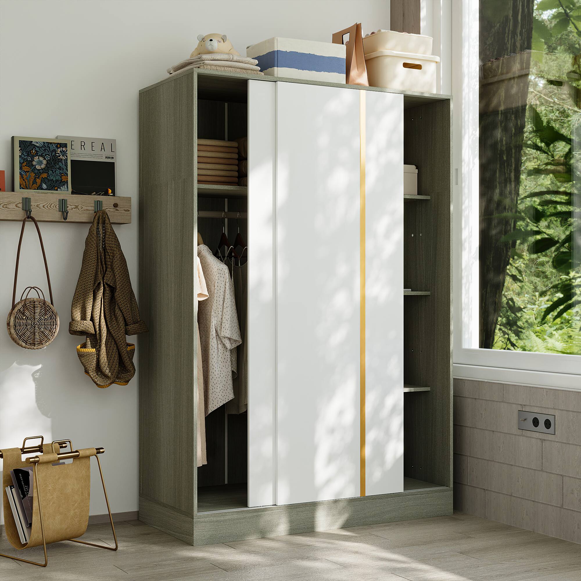Alt View 1. Famapy - Famapy Sliding Door Armoires Modern Wood Closet Organizer with Adjustable Storage Wardrobe - White & Gray.