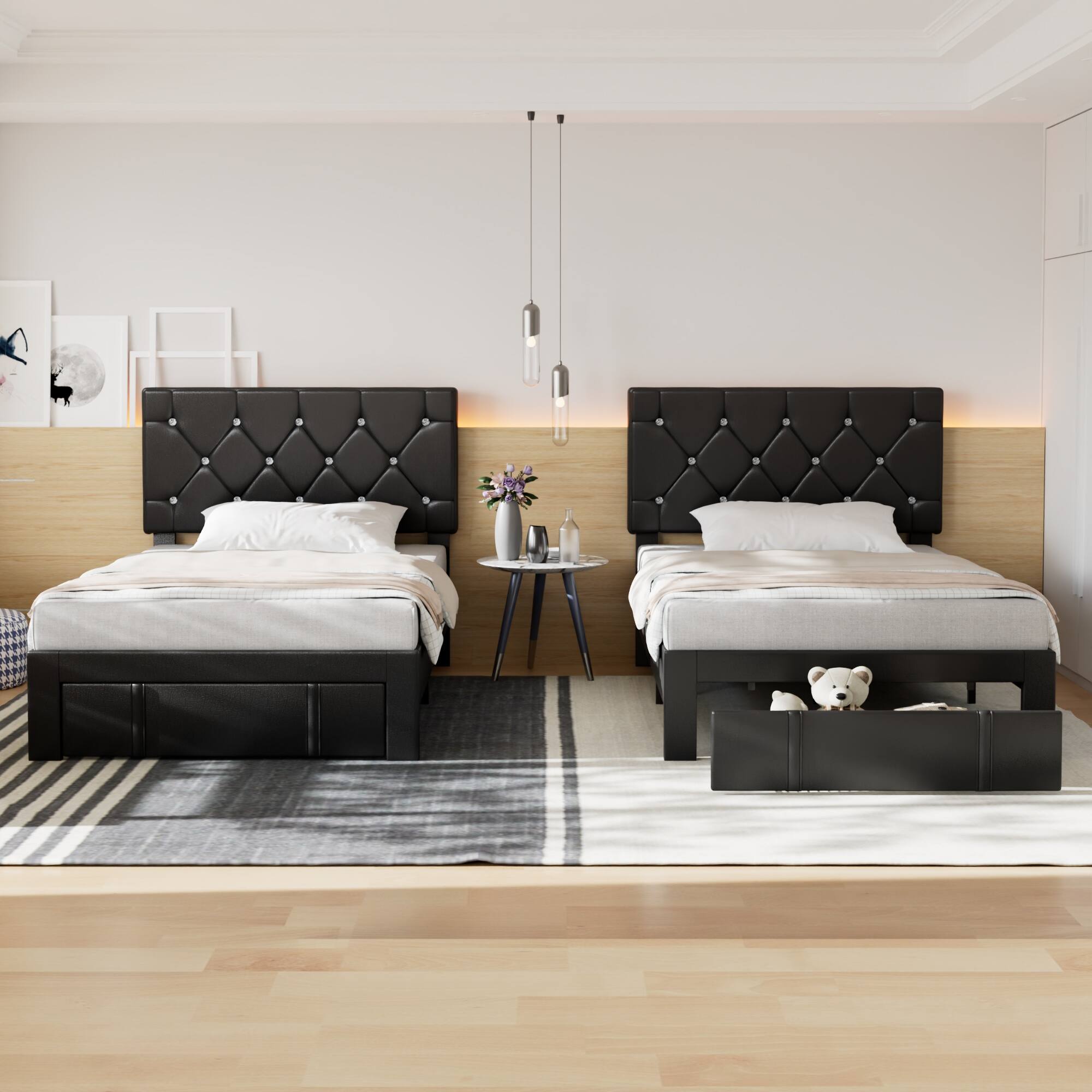 Alt View 4. Vecelo - Twin Bed Frame with Storage Drawers, Upholstered Faux Leather Platform Bed with Adjustable Headboard and Wood Slats - Black.