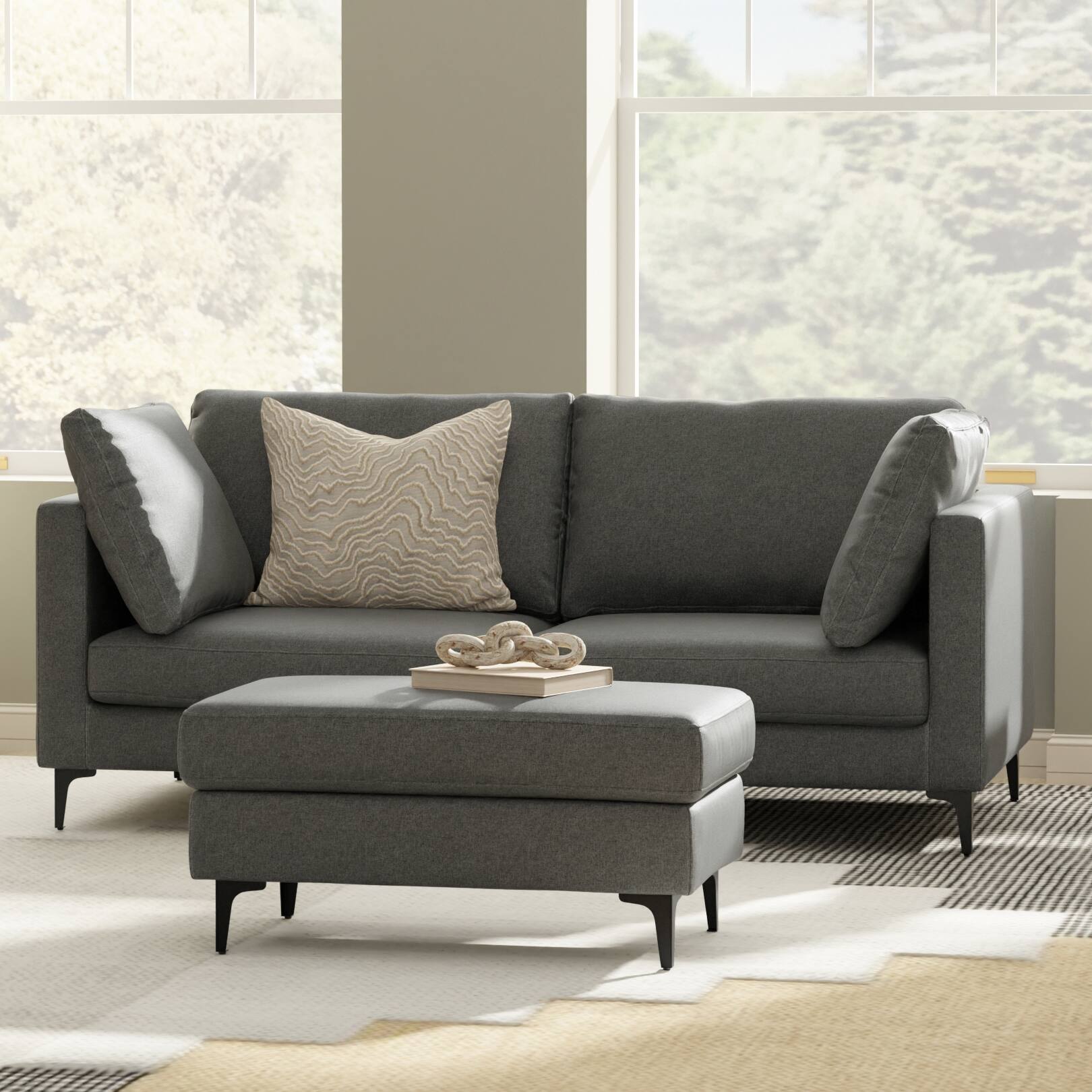 Angle. Simpli Home - Ava 76-inch Sofa and Ottoman Set in Tightly Woven Performance Fabric - Pebble Grey.