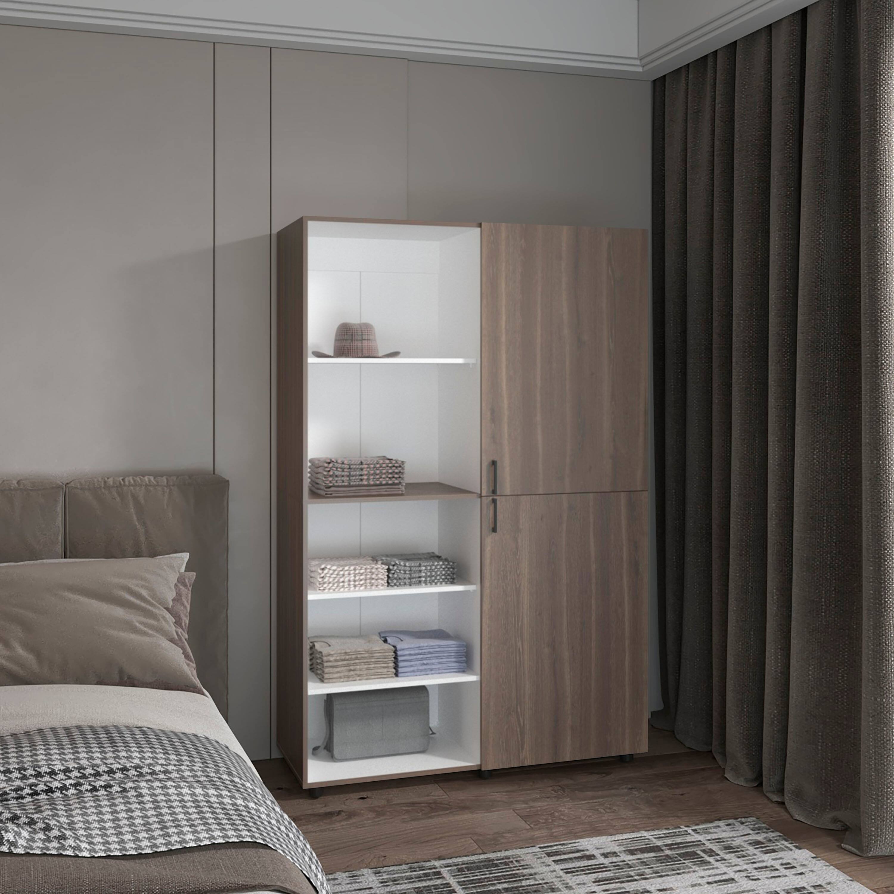 Left. TuHome - Eco High One Door Freestanding Armoire With Hanging Rod And Interior Shelves, Compact Bedroom Wardrobe - White, Mahogany.