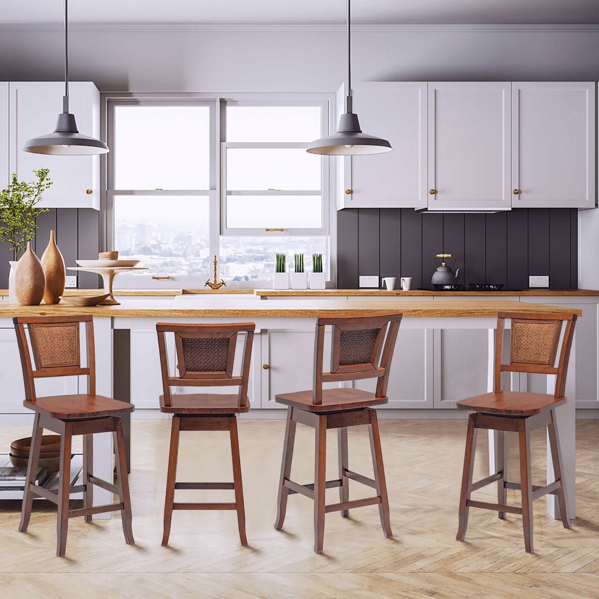 Alt View 4. Costway - Costway Set of 2 Swivel Bar Stools Counter Height Rubber Wood Pub Chairs w/ Rattan Back - Natural.