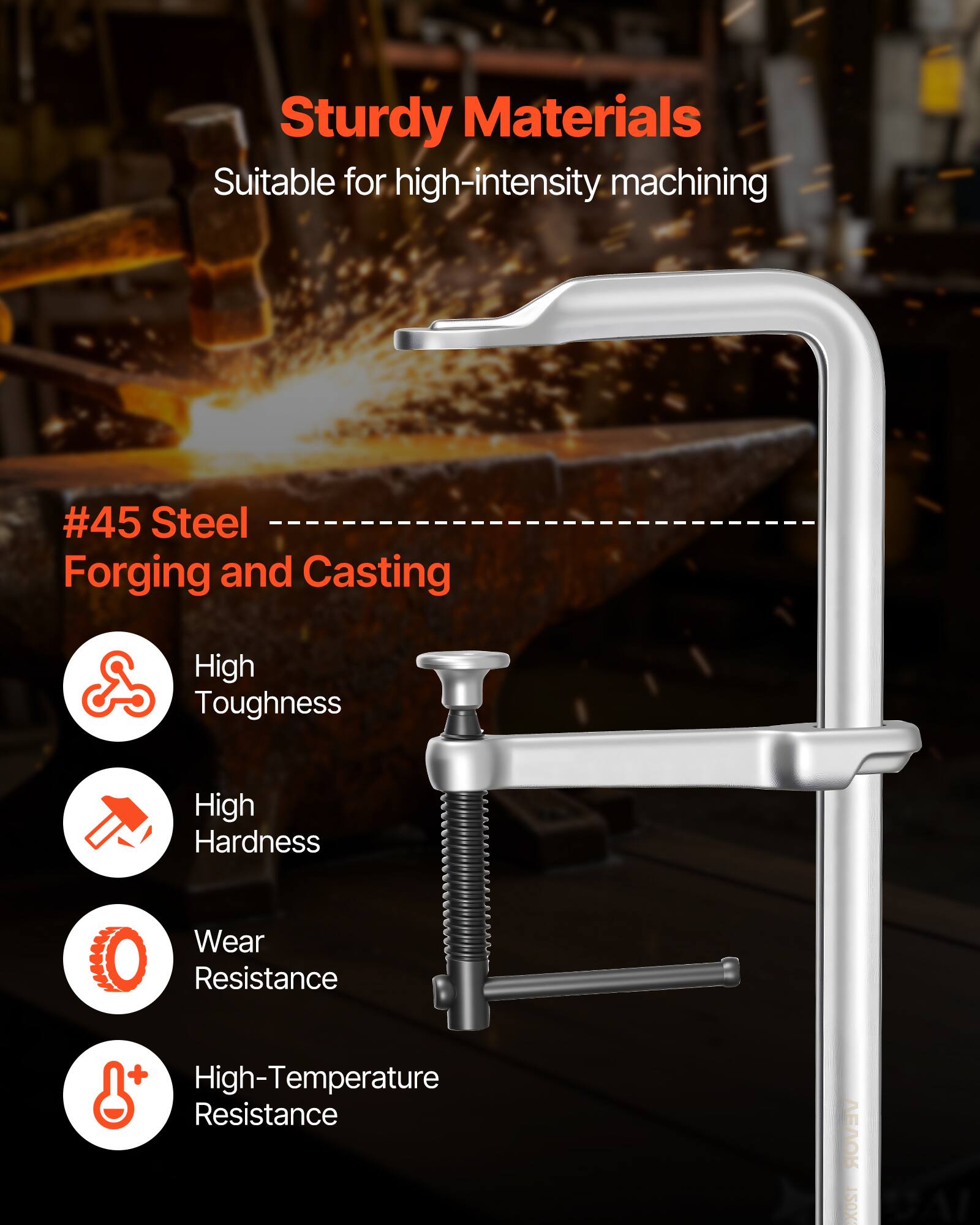 Sturdy Materials  
Suitable for high-intensity machining  

#45 Steel  
Forging and Casting  

- High Toughness  
- High Hardness  
- Wear Resistance  
- High-Temperature Resistance