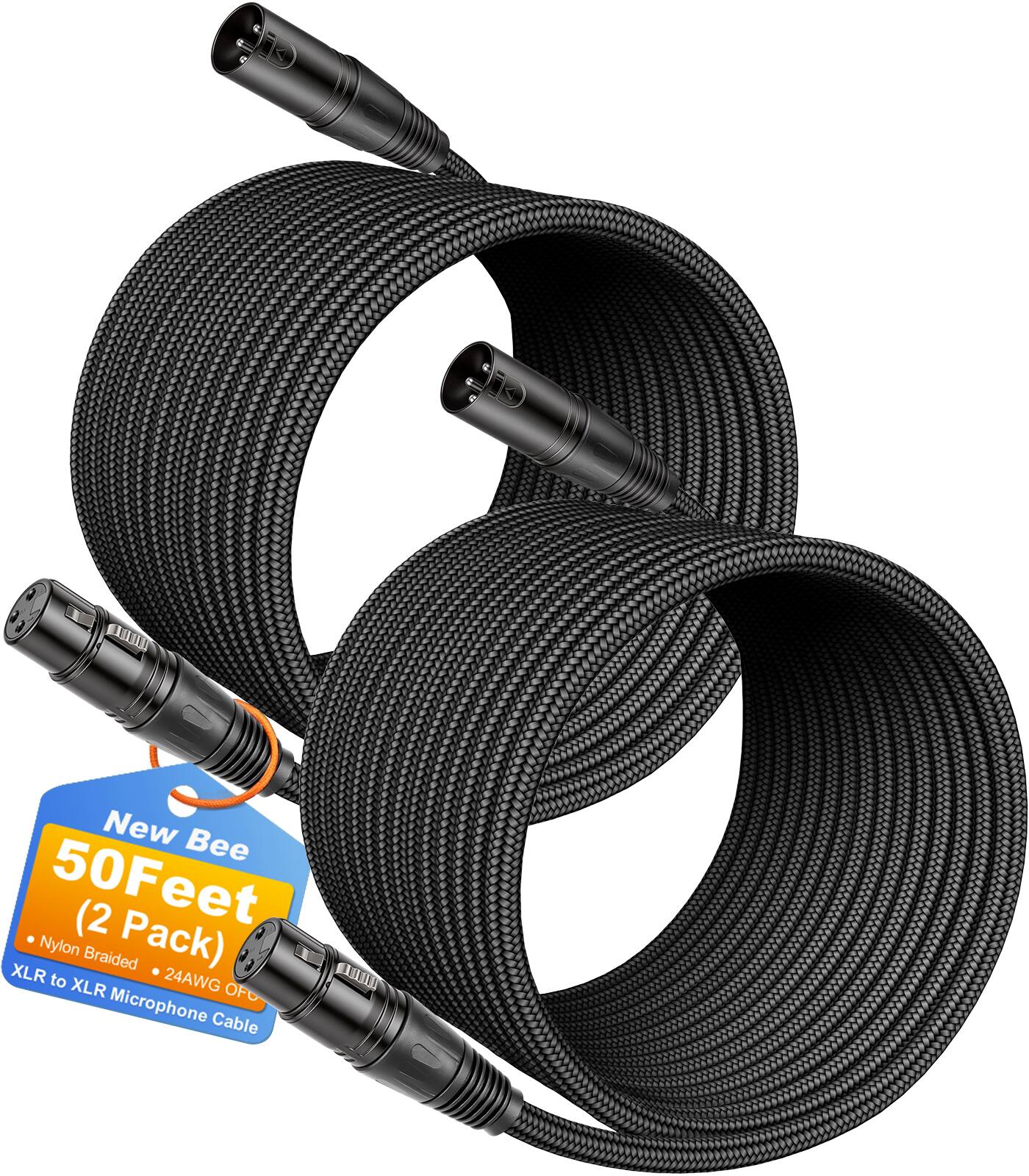 New Bee 50 Feet (2 Pack) Nylon Braided XLR to 24AWG XLR OFC Microphone Cable