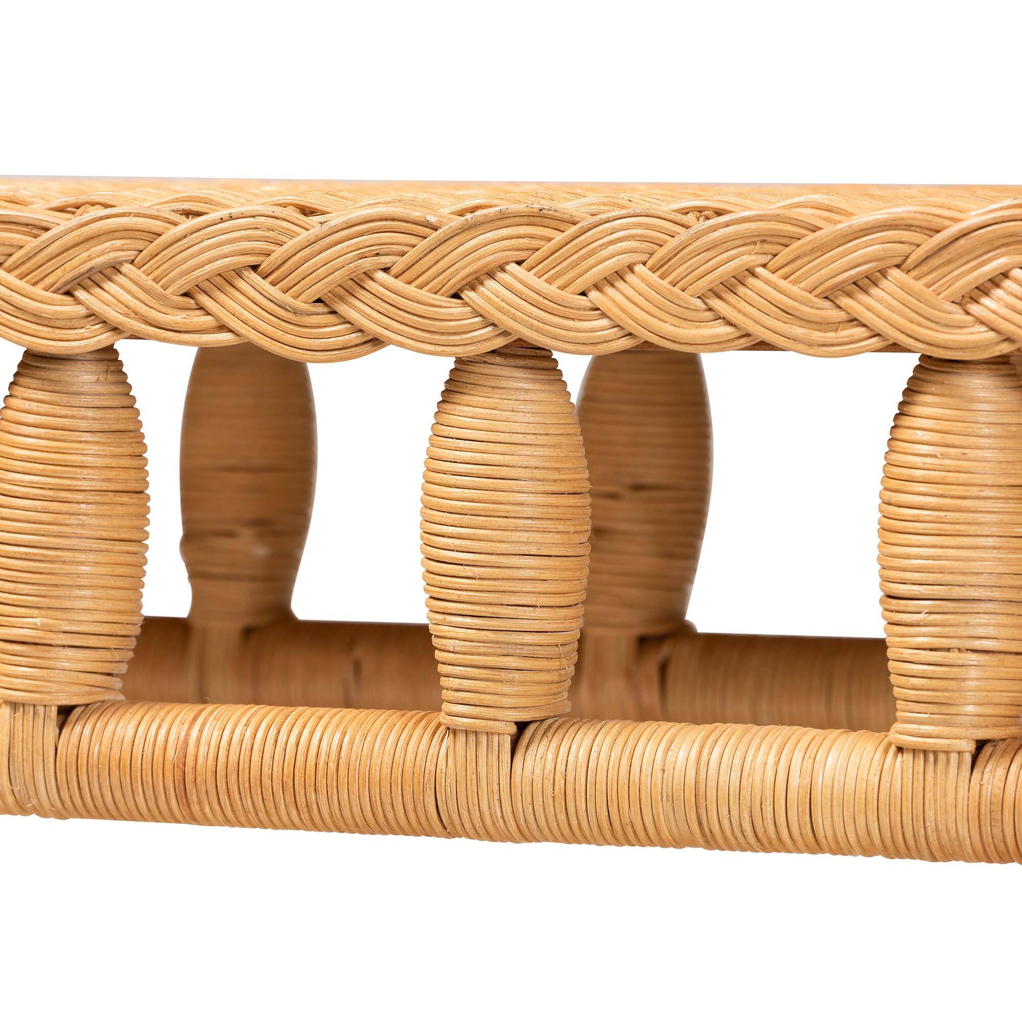 Back. bali & pari - Dolby Natural Rattan Console Table - Handwoven Wicker Accent Table with Openwork Design and Lower Shelf - Light Honey.