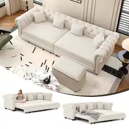 Anysun - 89" 3-in-1 Velvet Chesterfield Pull-Out Sofa Bed - King Size Sleeper with Chaise & Movable Ottoman - White