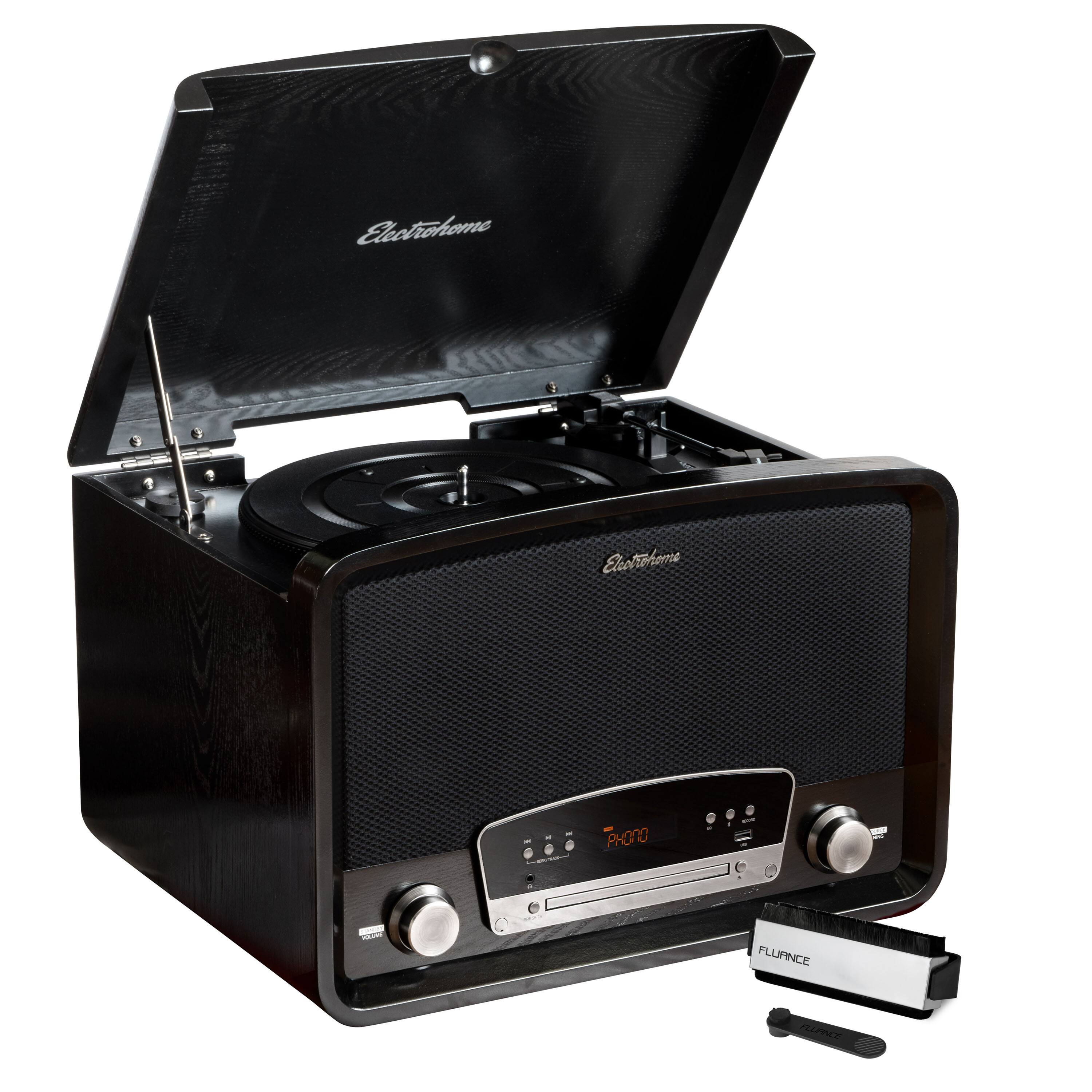 Electrohome - Kingston Vintage Vinyl Record Player, Turntable Bluetooth Radio CD Aux USB Vinyl to MP3, Record Cleaning Kit - Black