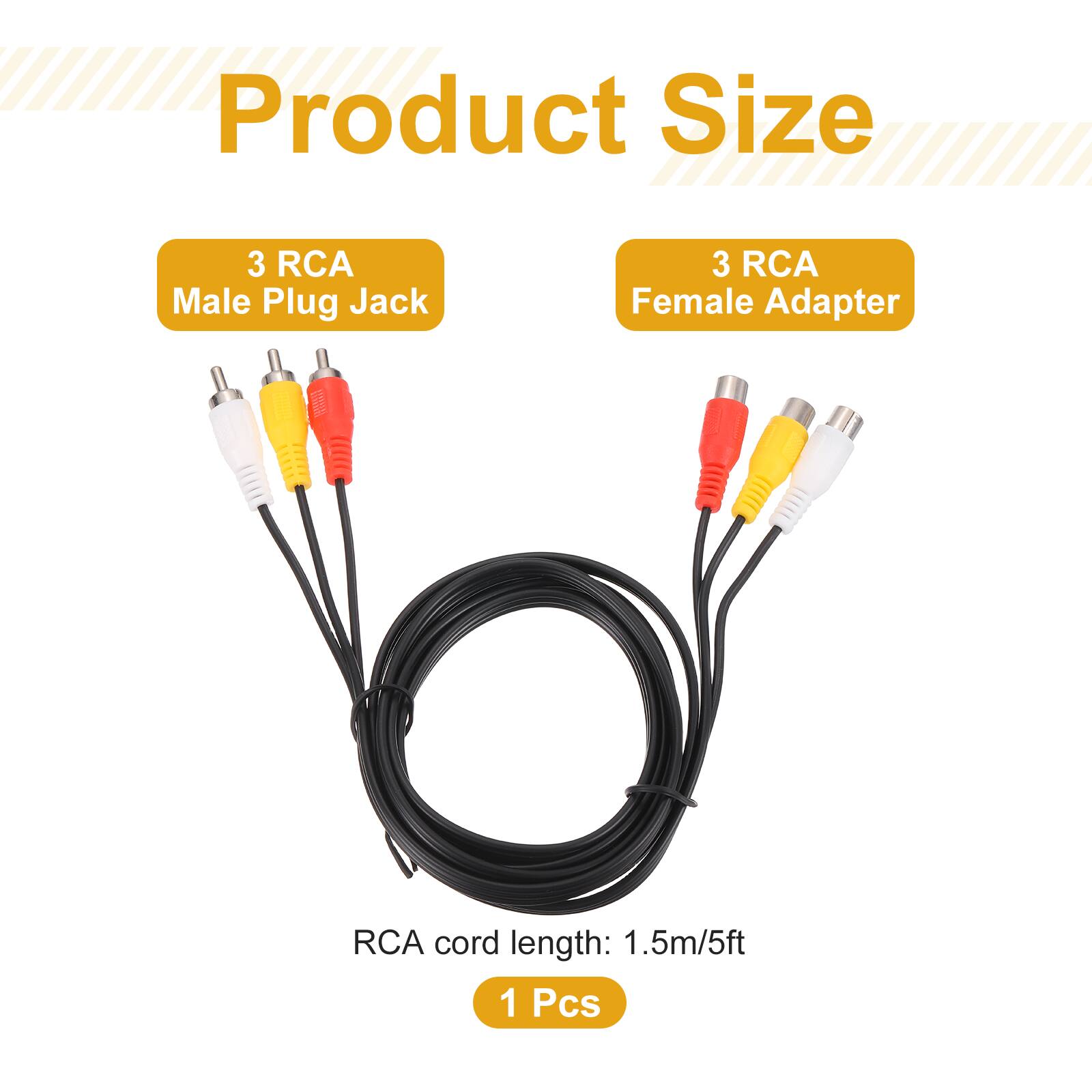 Product Size  
3 RCA Male Plug Jack  
3 RCA Female Adapter  
RCA cord length: 1.5m/5ft  
1 Pcs
