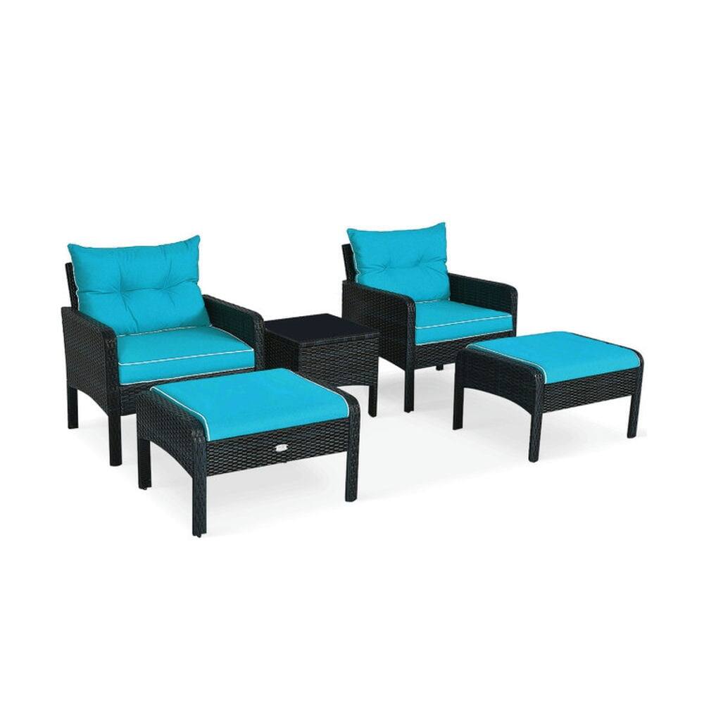 Alt View 1. Pefilos - 5 Pieces Patio PE Rattan Sofa Ottoman Furniture Set with Cushions, Conversation Set with 2 Single Chair - Blue.