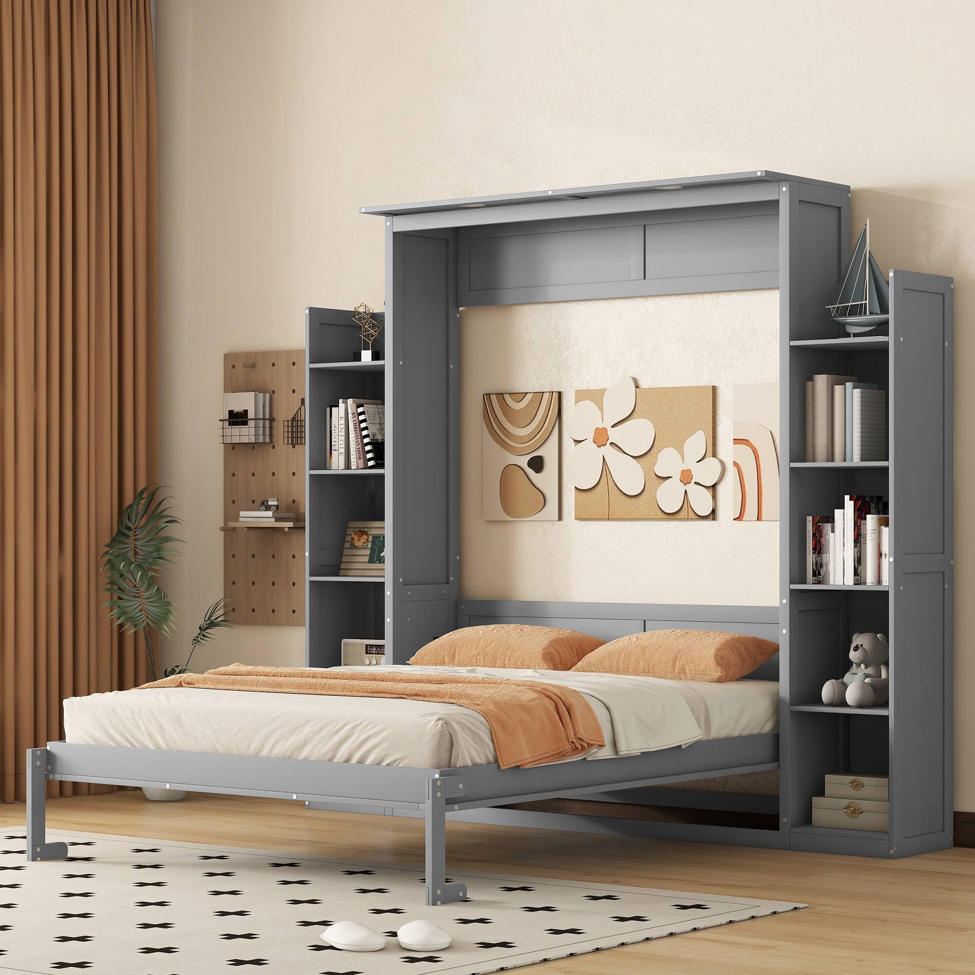 Angle. Tiramisubest - Queen Size Gray Murphy Wall Bed with Shelves, LED Lights, Solid Wood + MDF, Space-Saving - Gray.