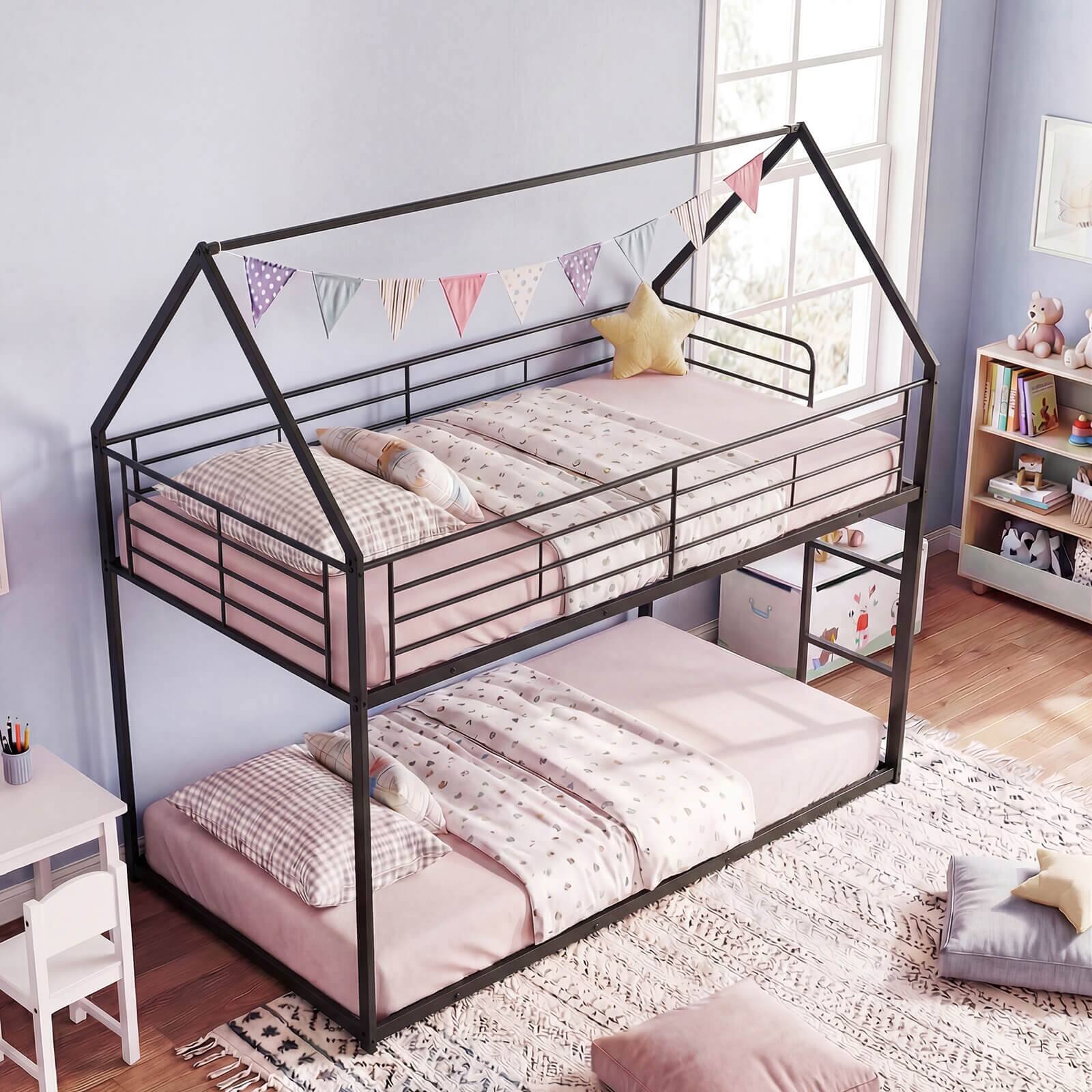 Alt View 3. Costway - Costway Twin Over Twin Metal Bunk Bed, House Shaped Floor Bunk Bed Frame with Roof & Ladder - Black.