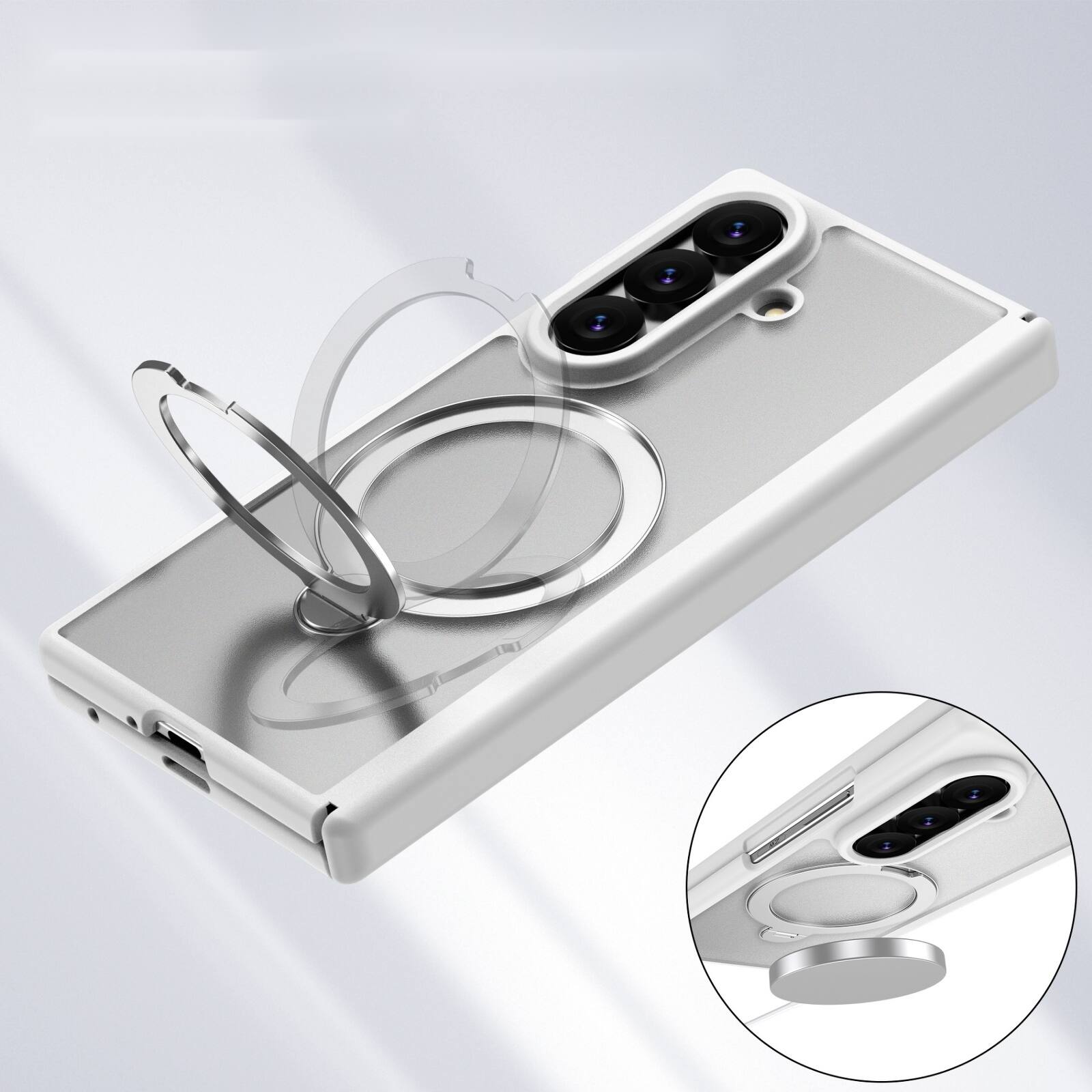 Left. Dteck - For Samsung Galaxy Z Fold 7 Magnetic Case Built-in Screen Protector,Shockproof Ring Stand Clear Back Hinge Protect Cover - White.