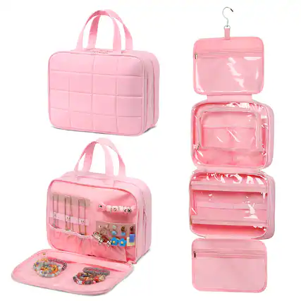 Front. Unique Bargains - Travel Hanging Toiletry Bag for Women, Puffy Makeup Bag with Jewelry Organizer, Waterproof Compartment - Pink.