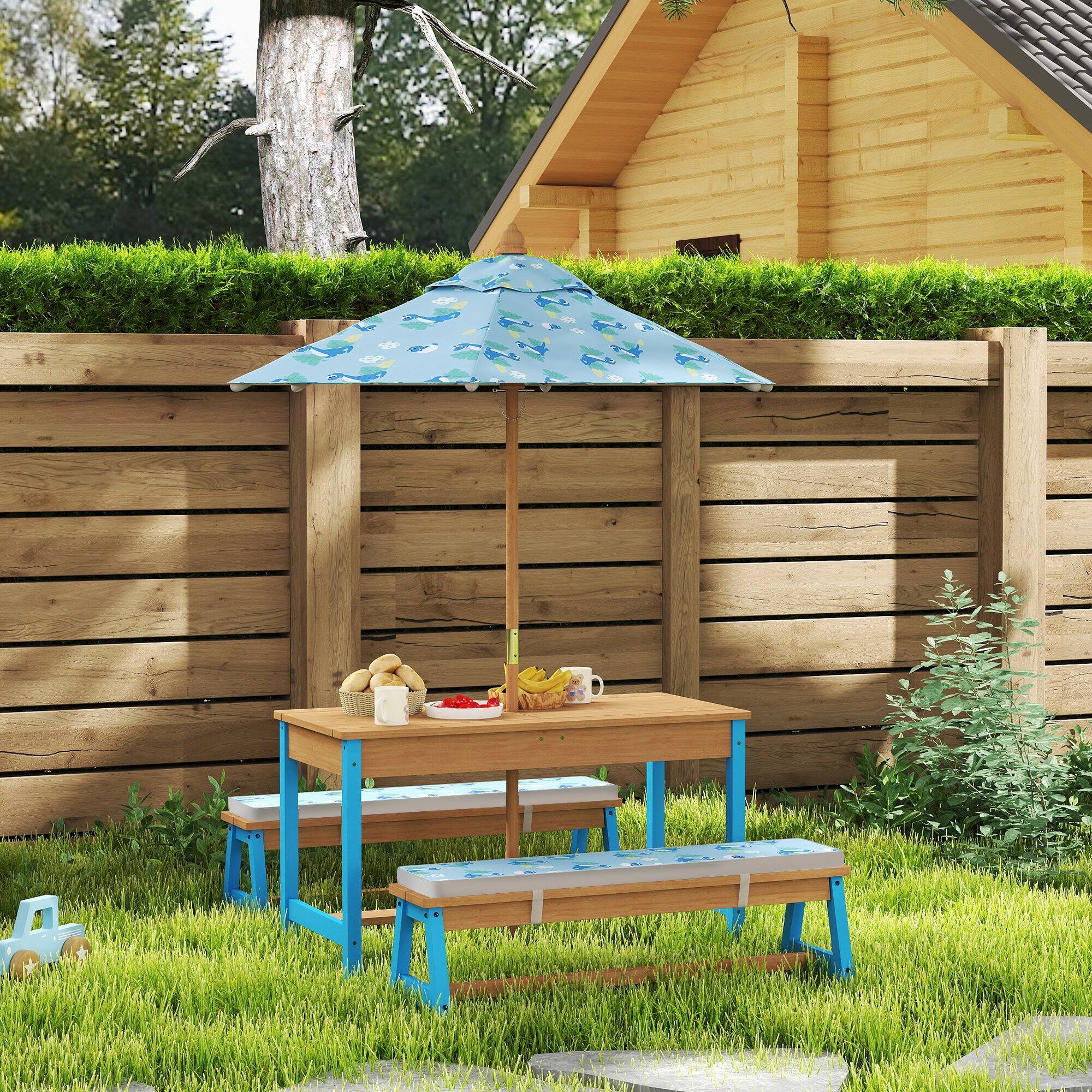 Alt View 1. Qaba - Picnic Table Set with Foldable Umbrella, Removable Cushions & Boxes - Blue.