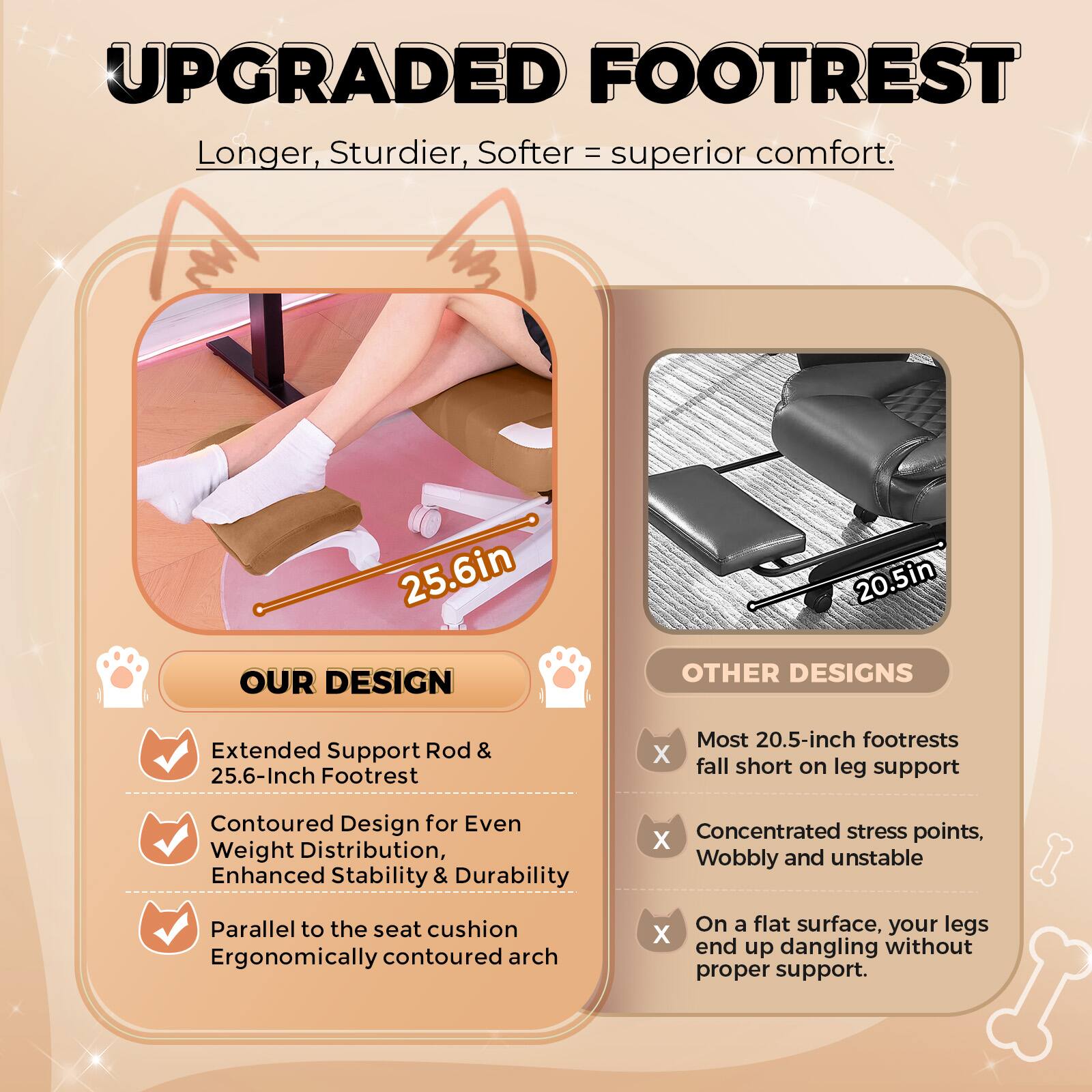 **UPGRADED FOOTREST**

Longer, Sturdier, Softer = superior comfort.

---

**OUR DESIGN**

- Extended Support Rod & 25.6-Inch Footrest
- Contoured Design for Even Weight Distribution, Enhanced Stability & Durability
- Parallel to the seat cushion
- Ergonomically contoured arch

---

**OTHER DESIGNS**

- Most 20.5-inch footrests fall short on leg support
- Concentrated stress points, Wobbly and unstable
- On a flat surface, your legs end up dangling without proper support.