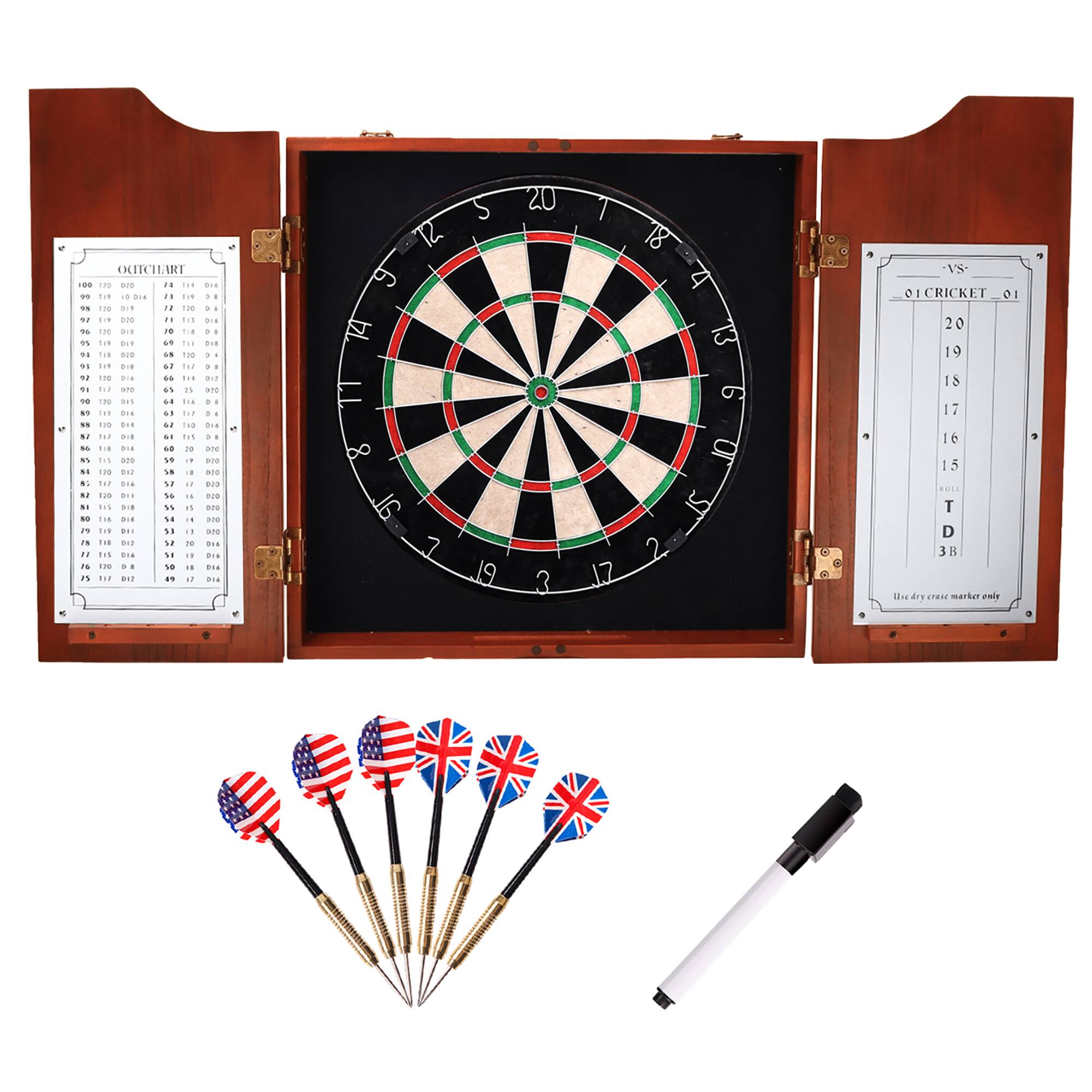 GSE Games & Sports Expert - Dartboard Cabinet with Sisal/Bristle Dartboard, Dart Scoreboard, and 6 Steel Tip Darts - Mahogany