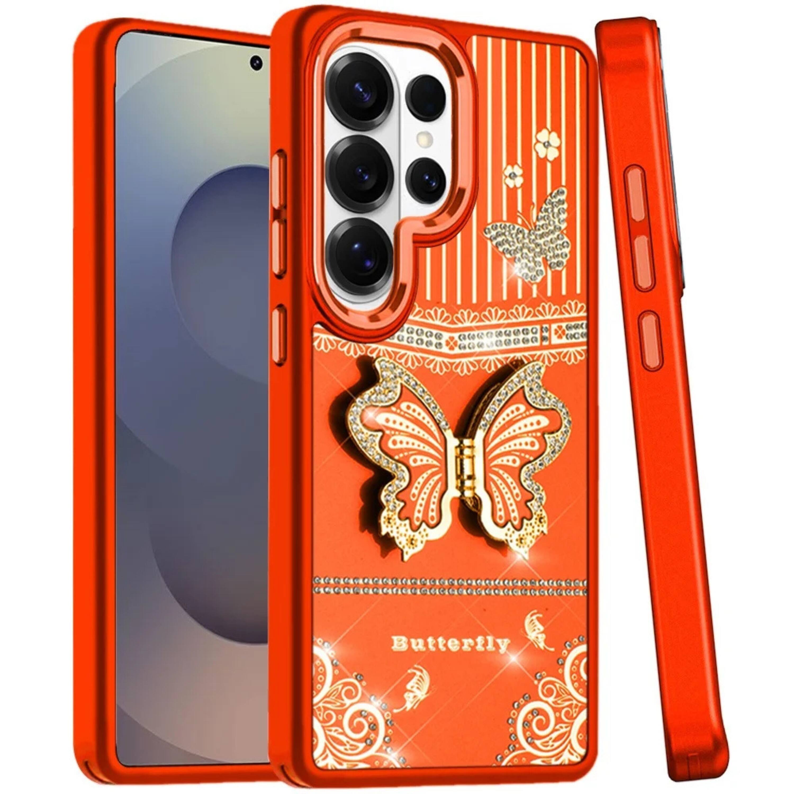 Angle. Kitcheniva - Glamorous 3D Butterfly Bling Charm Stand Case With Tempered Glass For Samsung S25 Ultra Cosmic Orange - Orange.