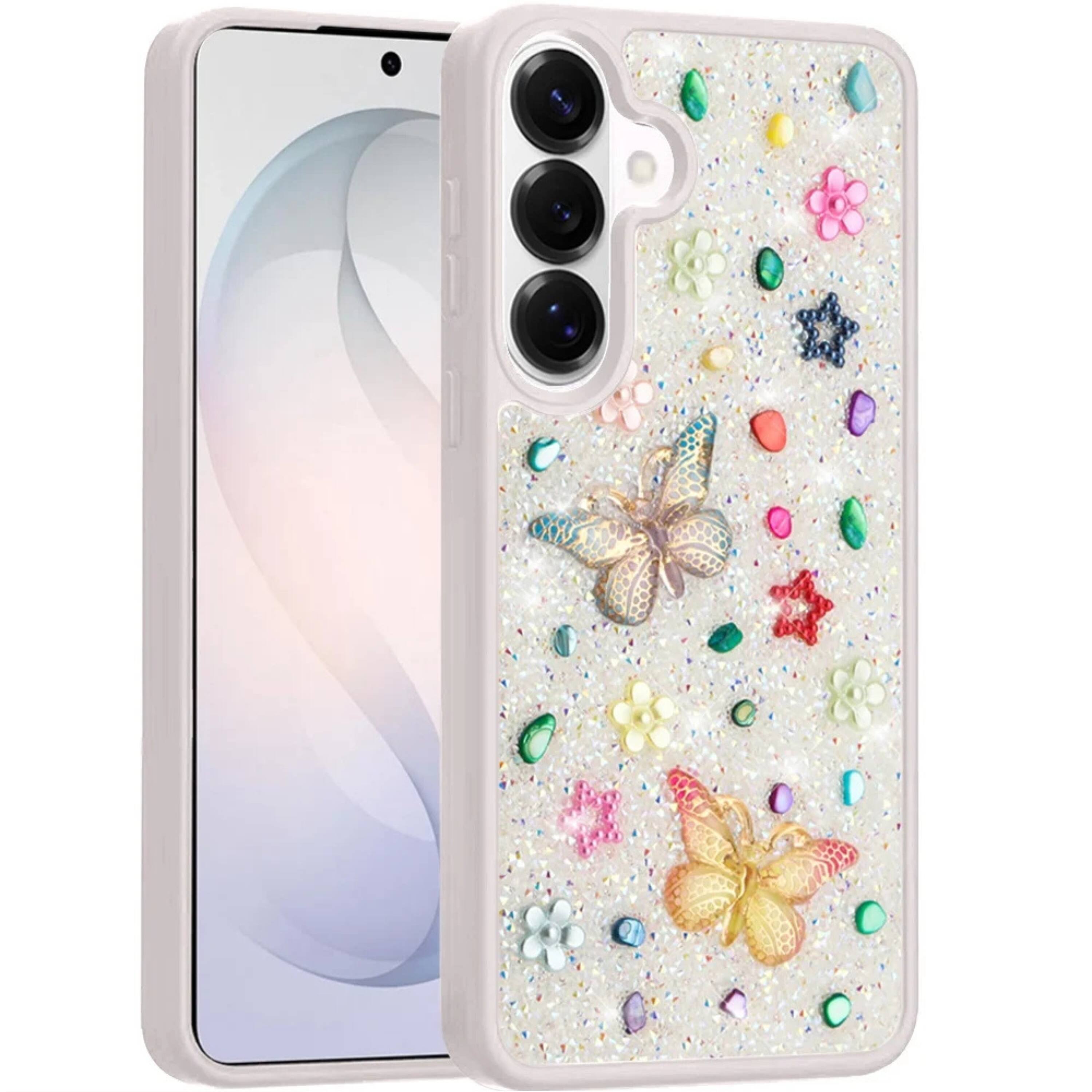 Angle. Kitcheniva - Butterfly 3D Jewel Glitter Phone Case With Tempered Glass For Samsung Galaxy S26 Plus White - White.