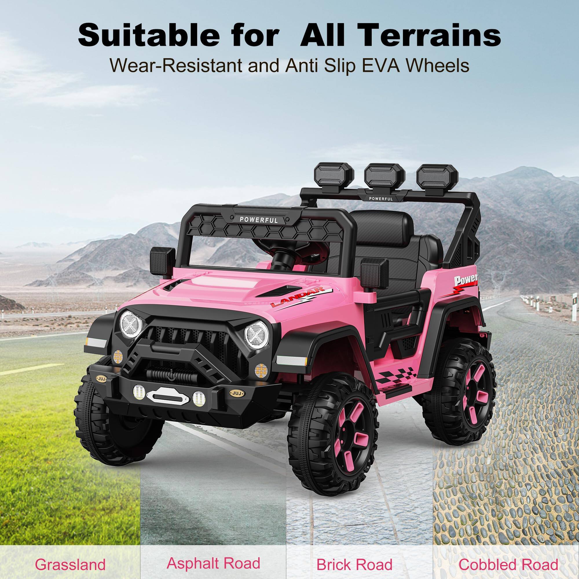 Suitable for All Terrains  
Wear-Resistant and Anti Slip EVA Wheels  

Grassland  
Asphalt Road  
Brick Road  
Cobbled Road