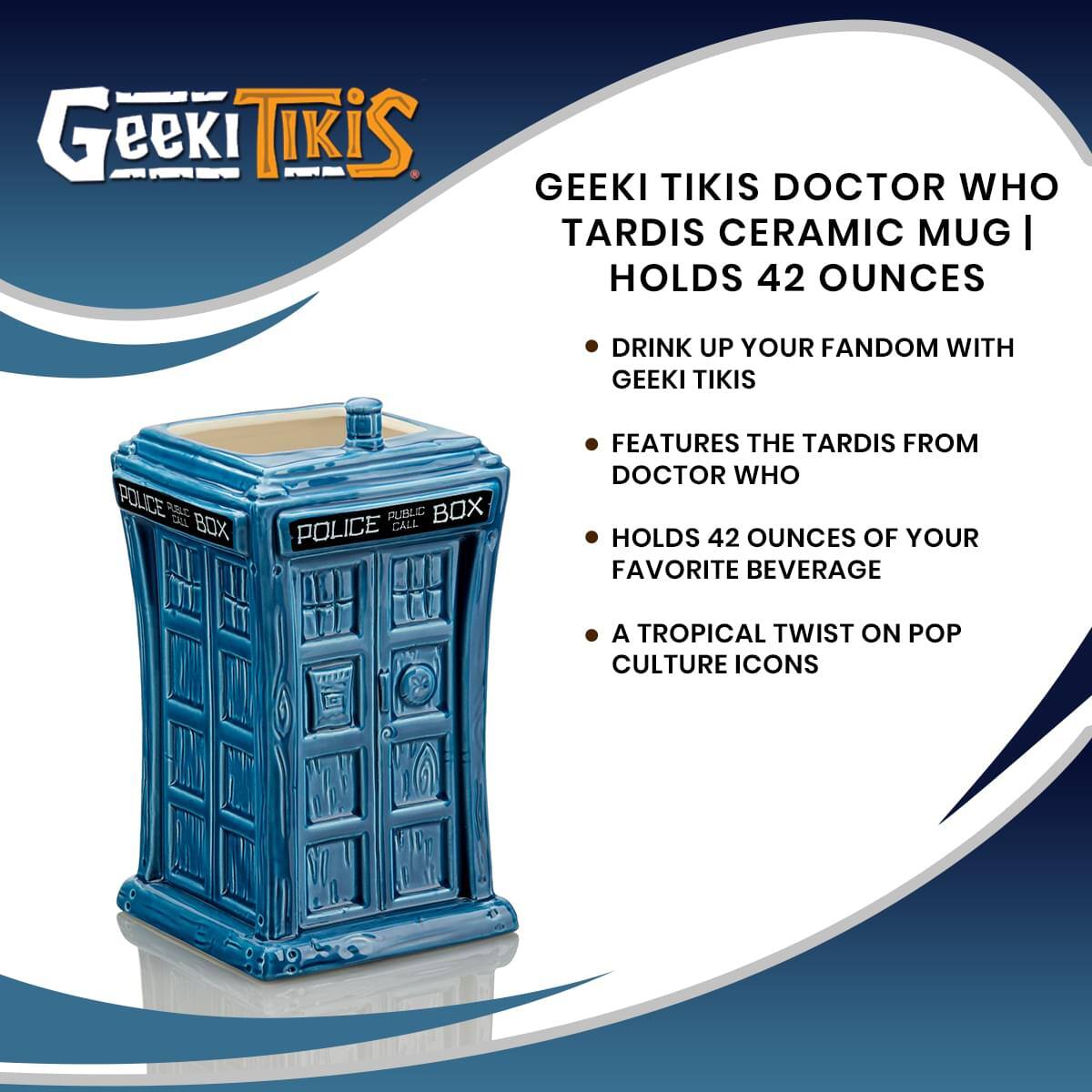 Geeki Tikis Doctor Who TARDIS Ceramic Mug | Holds 42 Ounces

- Drink up your fandom with Geeki Tikis
- Features the TARDIS from Doctor Who
- Holds 42 ounces of your favorite beverage
- A tropical twist on pop culture icons