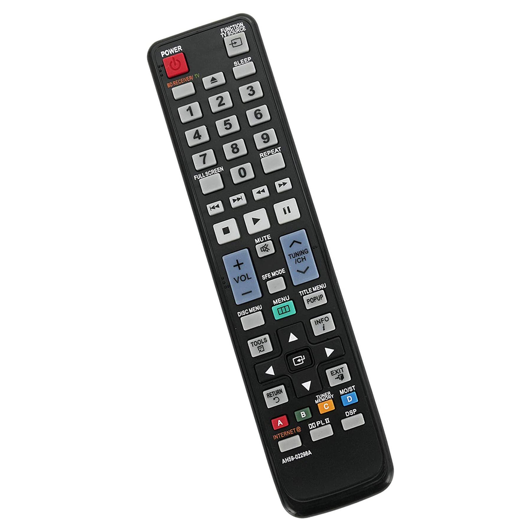 Sure, here is the corrected and grouped text from the image:

---

**Top Section:**
- POWER
- SLEEP
- REPEAT

**Number Pad:**
- 1 2 3
- 4 5 6
- 7 8 9
- 0

**Playback Controls:**
- FULL SCREEN
- REPEAT
- PLAY
- PAUSE
- STOP
- NEXT
- PREVIOUS

**Volume and Mute:**
- VOL -
- VOL +
- MUTE

**Tuning and Channel:**
- TUNING / CH
- MENU
- TITLE MENU
- POPUP
- INFO
- EXIT
- RETURN
- DISC MENU

**Additional Controls:**
- TOOLS
- MEMORY
- A
- B
- C
- D
- DSP
- DOPLII
- INTERNET

**Bottom Section:**
- AH69-02298A

---

This should accurately reflect the text on the remote control.