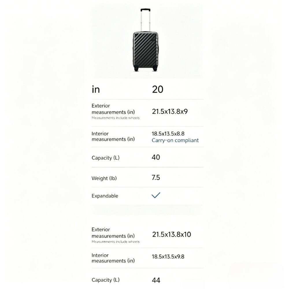 in  
20  
Exterior measurements (in) 21.5x13.8x9  
Measurements include wheels  
Interior measurements (in) 18.5x13.5x8.8  
Carry-on compliant  
Capacity (L) 40  
Weight (lb) 7.5  
Expandable  
Exterior measurements (in) 21.5x13.8x10  
Measurements include wheels  
Interior measurements (in) 18.5x13.5x9.8  
Capacity (L) 44